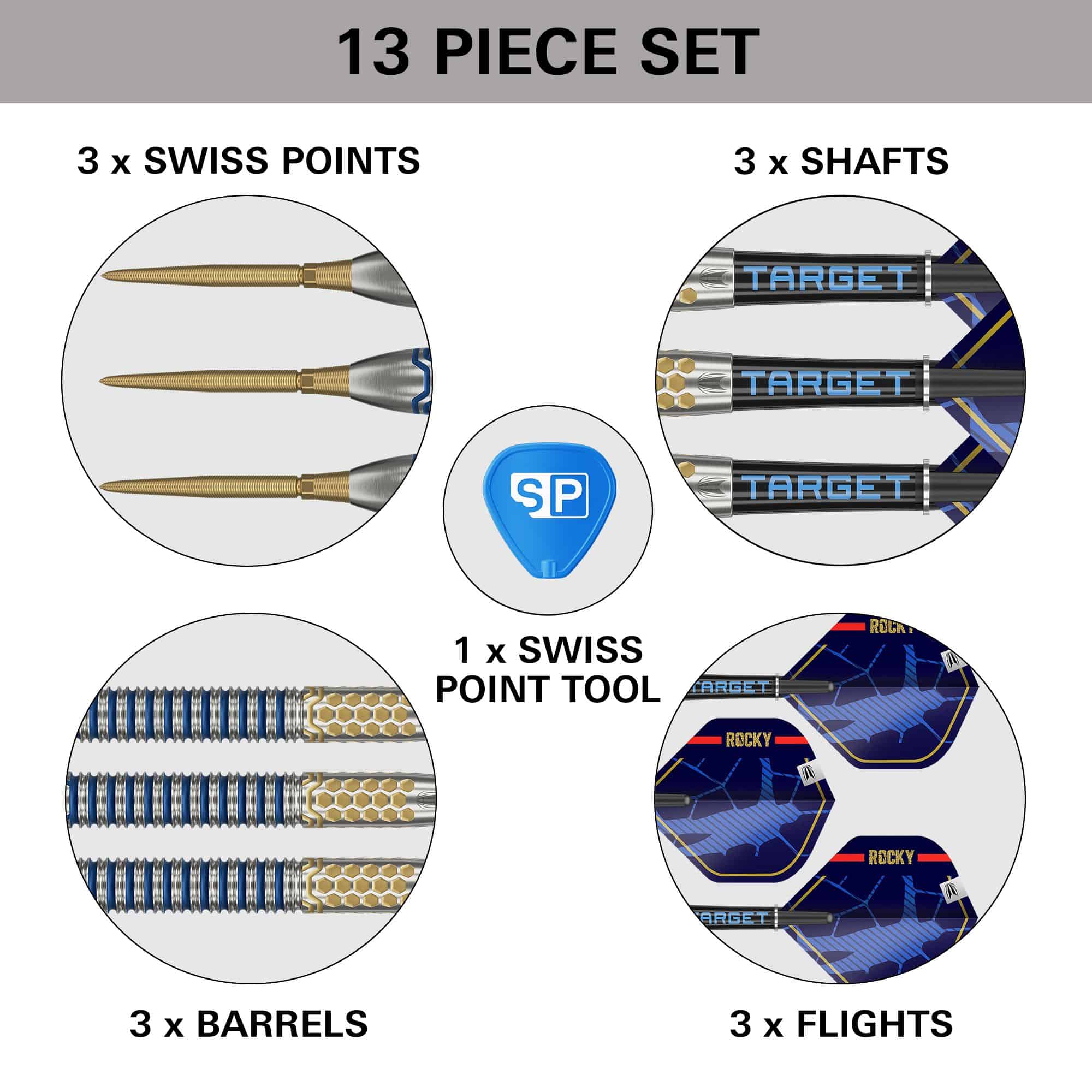 Target Josh Rock GEN1 Swiss Point Steeldarts Das Bild zeigt ein 13-teiliges Set des Produkts "Target Josh Rock GEN1 Swiss Point Steeldarts". Enthalten sind 3 Swiss Points, 3 Barrels, 3 Shafts, 3 Flights und 1 Swiss Point Tool.