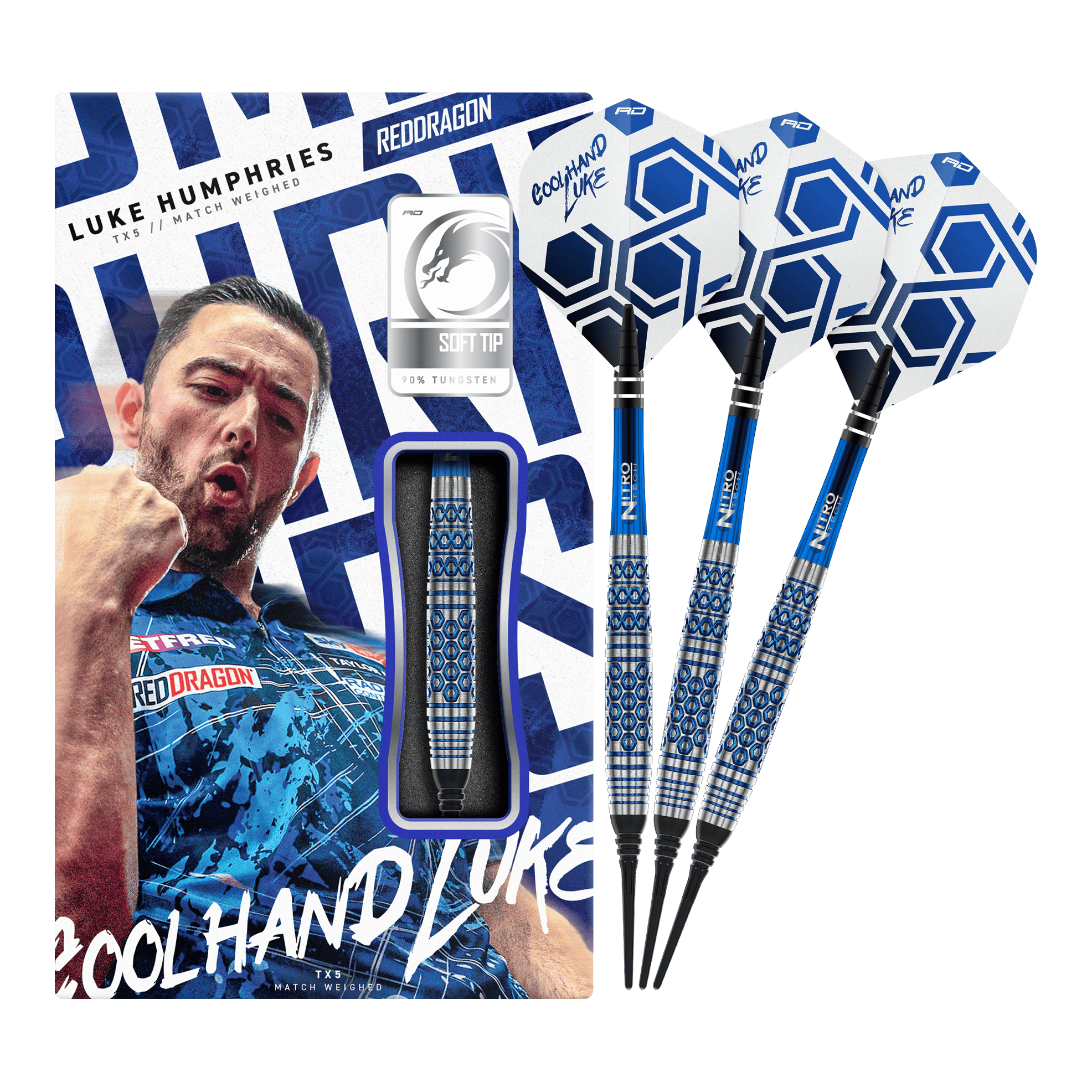 Red Dragon Luke Humphries TX5 Softdarts - 20g Das Foto zeigt die Red Dragon Luke Humphries TX5 Softdarts - 20g in voller Länge. Sie sind für das Softdartspiel ausgelegt und wiegen 20 Gramm.