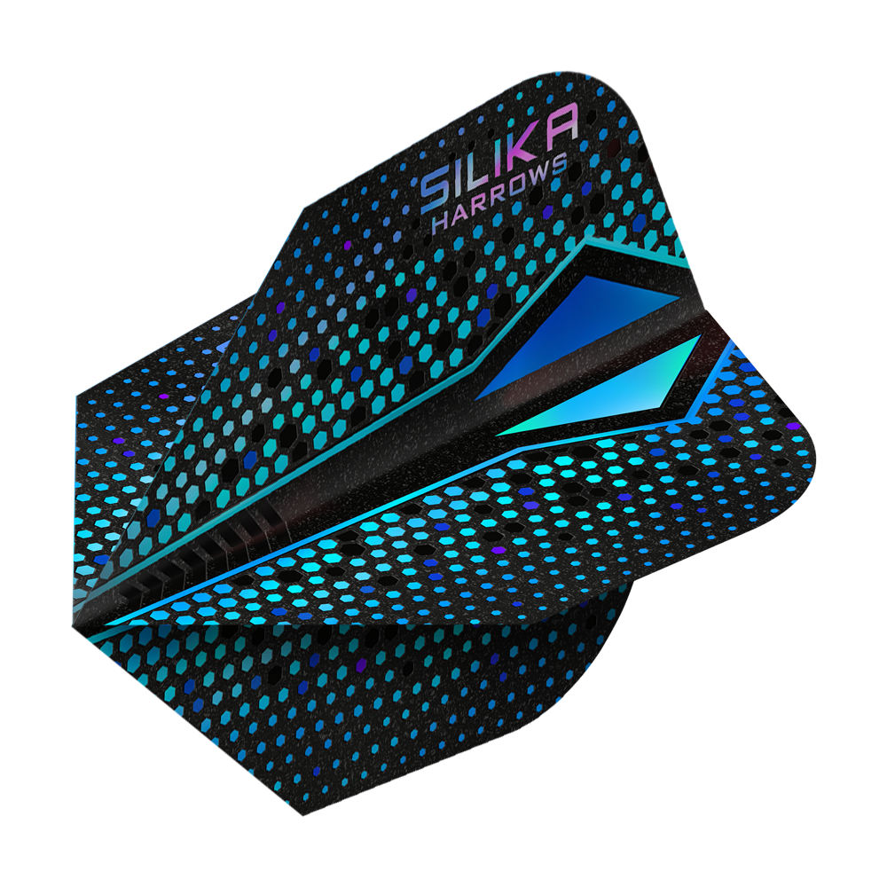 Harrows Silika Colourshift Tough Crystalline Coating Blue-X No6 Flights Das Bild zeigt einen Harrows Silika Colourshift Tough Crystalline Coating Blue-X No6 Flight. Das Dart-Flight hat ein schwarzes Design mit blauen und türkisfarbenen Punkten und geometrischen Mustern.