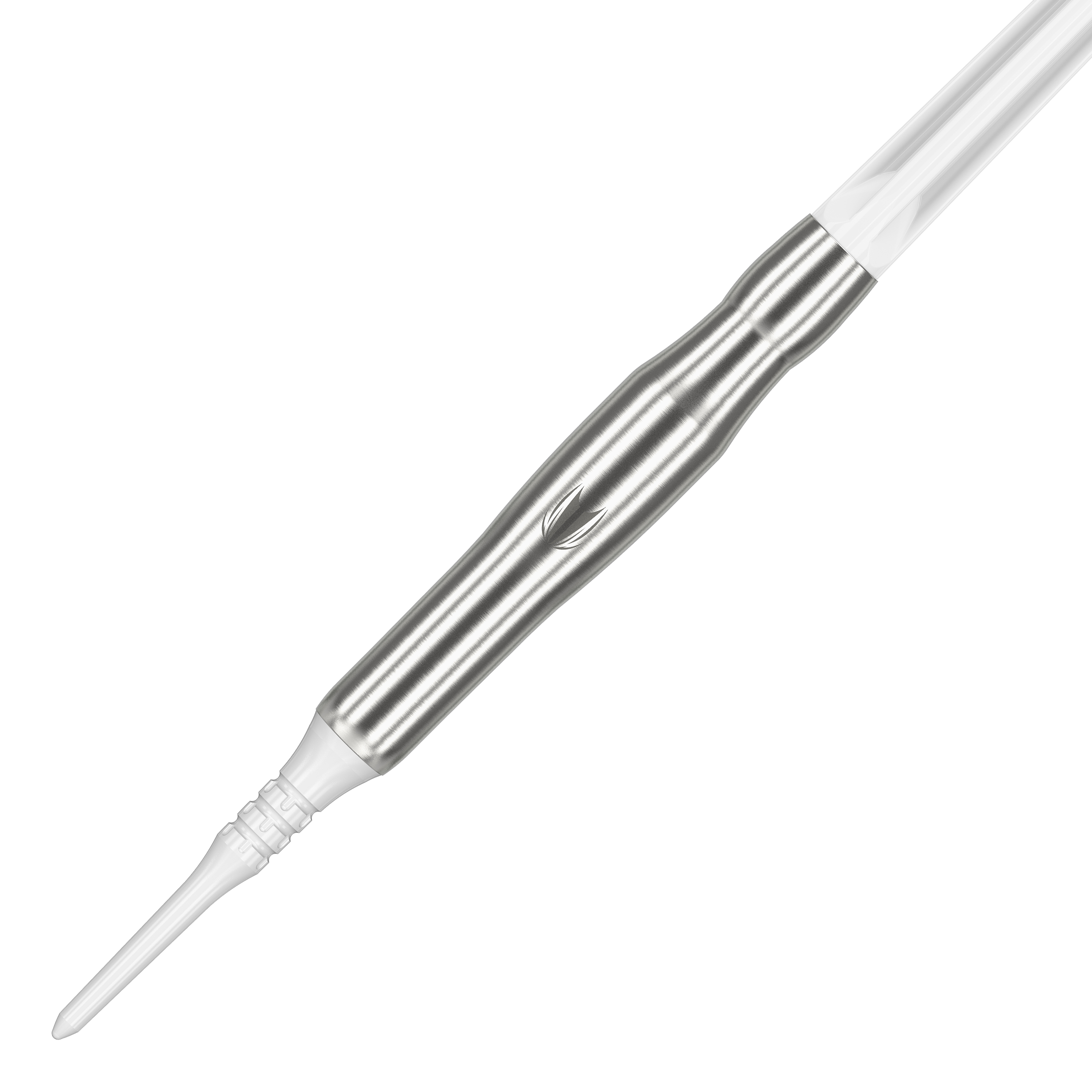 Target Japan Crux Brave Softdarts - 18,5g Das Bild zeigt den Target Japan Crux Brave Softdart mit einem Gewicht von 18,5g. Der Dartpfeil hat ein elegantes, silbernes Design mit einer weißen Spitze.