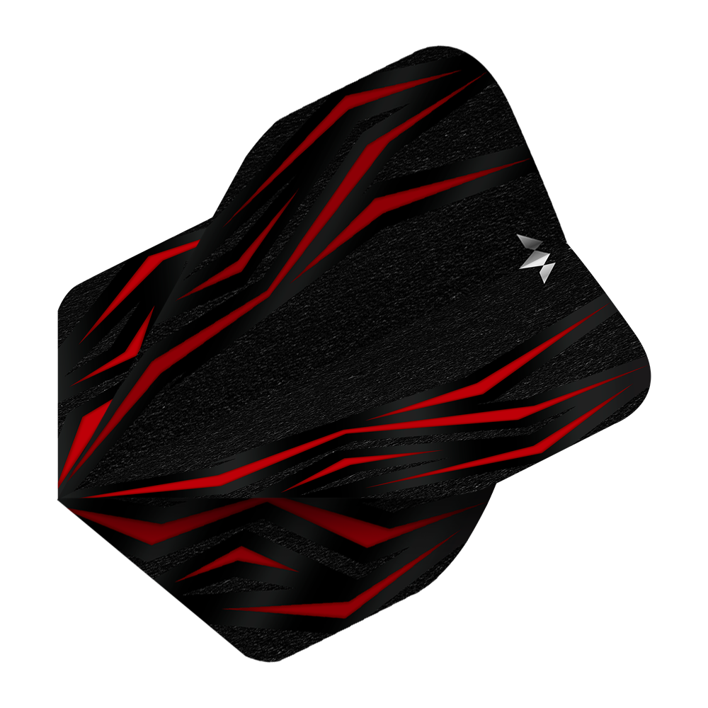 Mission Lava Red No2 Standard Flights Das Bild zeigt einen Mission Lava Red No2 Standard Flight für Darts. Das Design ist überwiegend schwarz mit auffälligen roten Linien und einem kleinen weißen Logo.