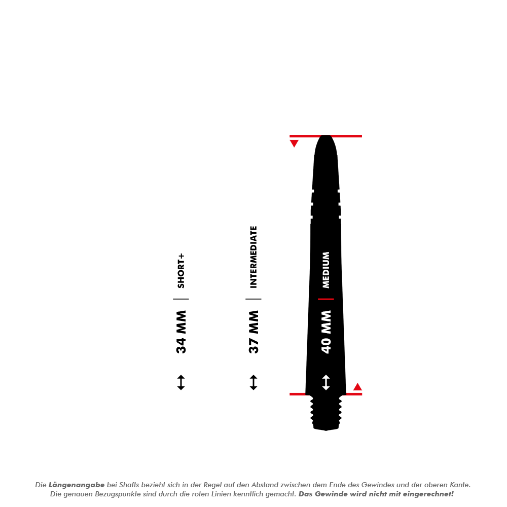 Das Bild zeigt die drei Längenvarianten der Winmau Vecta Shafts in Weiß: Short+ (34 mm), Intermediate (37 mm) und Medium (40 mm). Die Längen werden ohne das Gewinde gemessen, was durch rote Linien markiert ist.