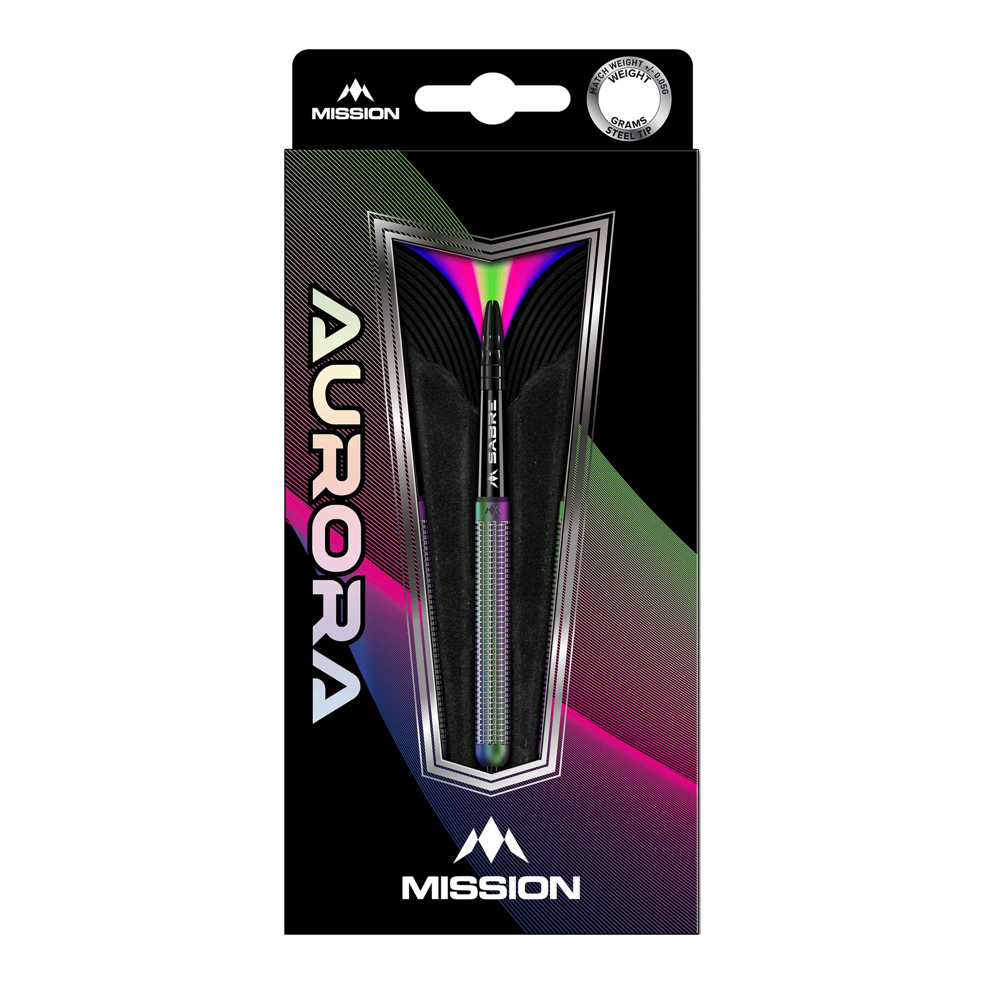 Die Abbildung zeigt die Mission Aurora Coral PVD Steeldarts mit einem Gewicht von 23g in ihrer Verpackung. Das Design der Verpackung ist modern und farbenfroh, mit auffälligen Regenbogen-Effekten.