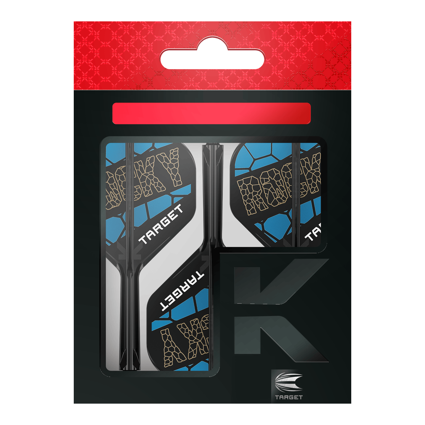 Target K-Flex Josh Rock No2 Standard Flight-Shaft-System Das Bild zeigt das Produkt "Target K-Flex Josh Rock No2 Standard Flight-Shaft-System" in seiner Verpackung. Die Flights sind schwarz, blau und weiß gestaltet und tragen den Schriftzug "ROCKY" sowie "TARGET".