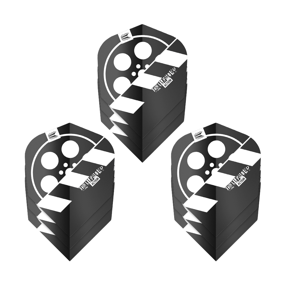 Target Pro Ultra Chris Dobey Hollywood Action No6 Flights - 3 Sets Das Bild zeigt drei Sets von schwarzen Dartflights mit einem Filmrollen-Design. Auf den Flights steht „HOLLYWOOD ACTION“ und sie gehören zum Produkt „Target Pro Ultra Chris Dobey Hollywood Action No6“.