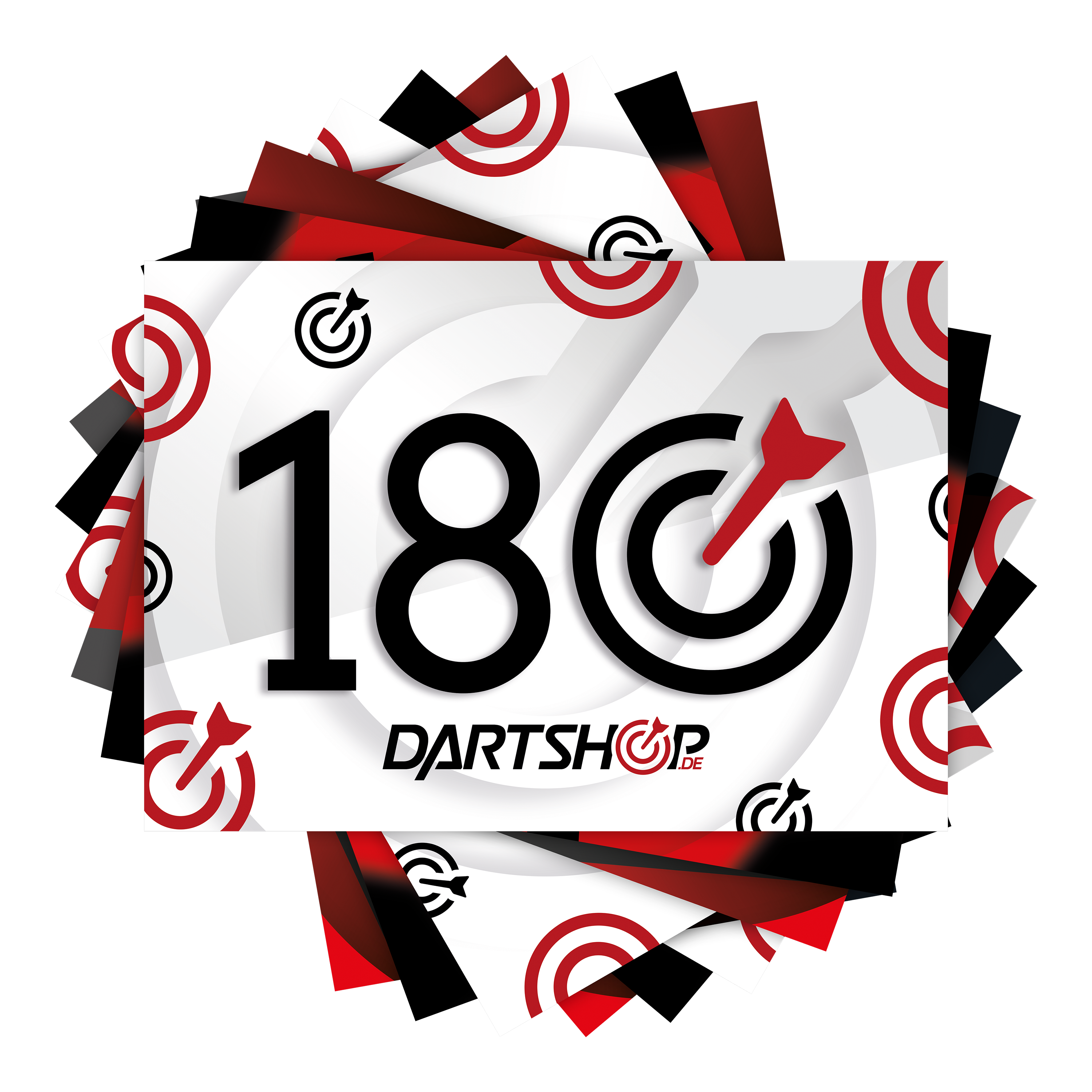 Das Bild zeigt mehrere Schilder mit der Aufschrift "180" und einem Dartpfeil im Bullseye. Es handelt sich um ein 9er Pack der "Dartshop 180er Schilder".