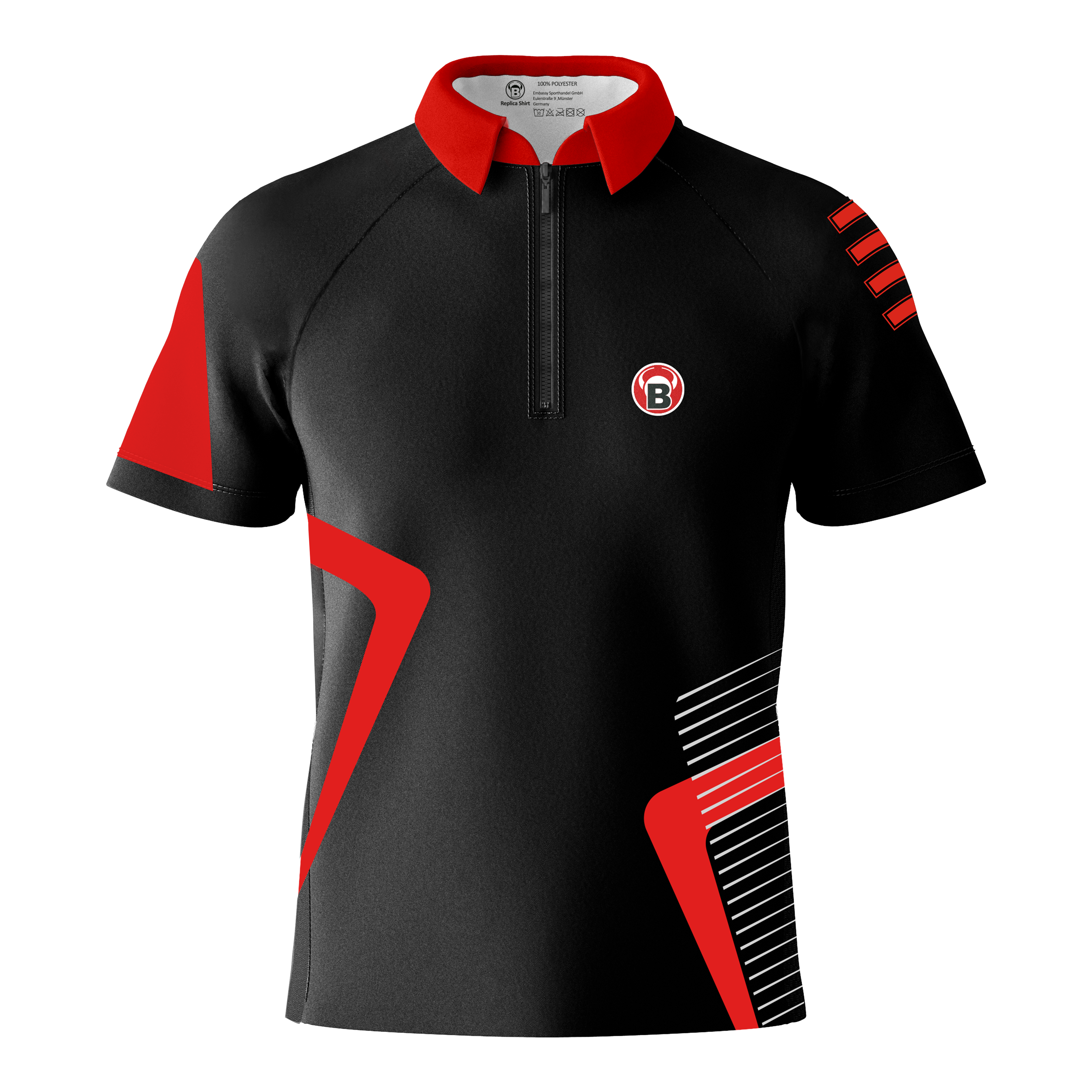 Das Bild zeigt ein schwarzes Dartshirt mit roten und weißen Akzenten. Auf der linken Brust befindet sich ein rundes Logo mit einem "B".