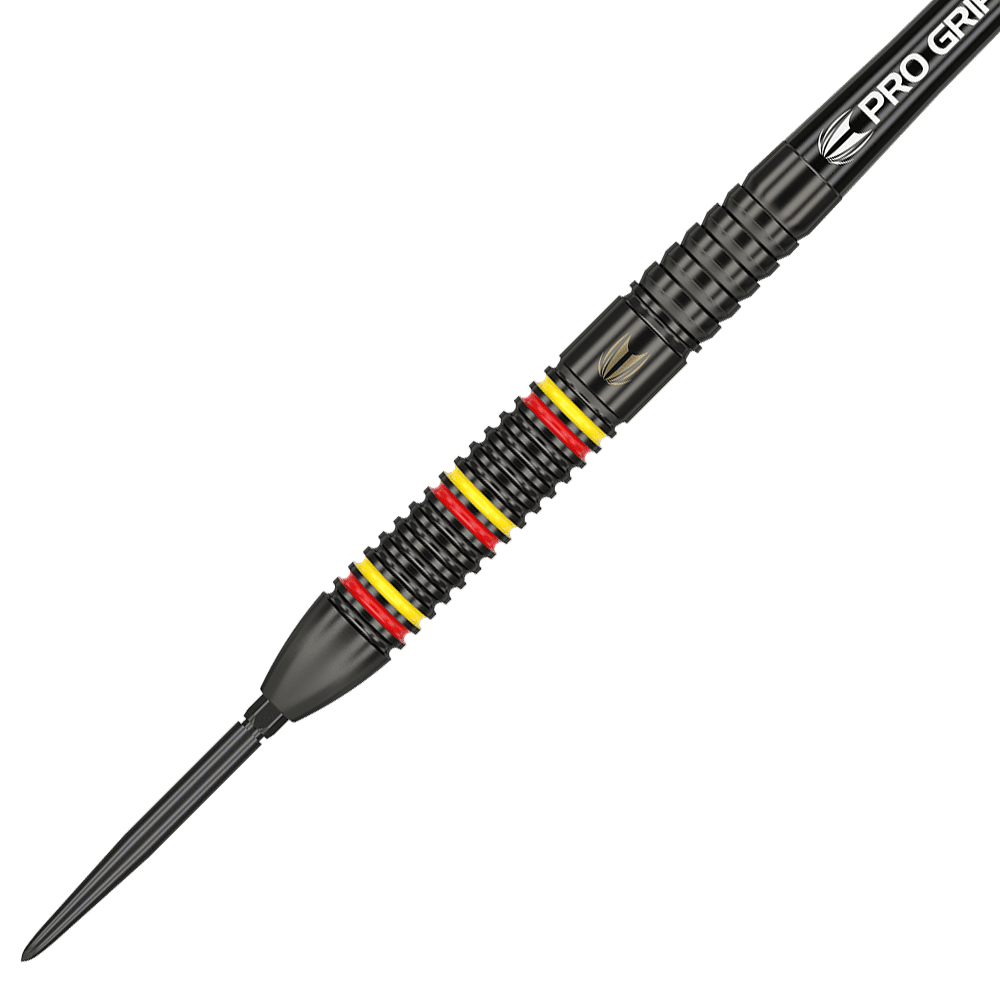 Dies ist ein Steeldart aus der Serie "Target Gabriel Clemens Black Swiss Point". Das Barrel ist schwarz und mit roten und gelben Ringen verziert.