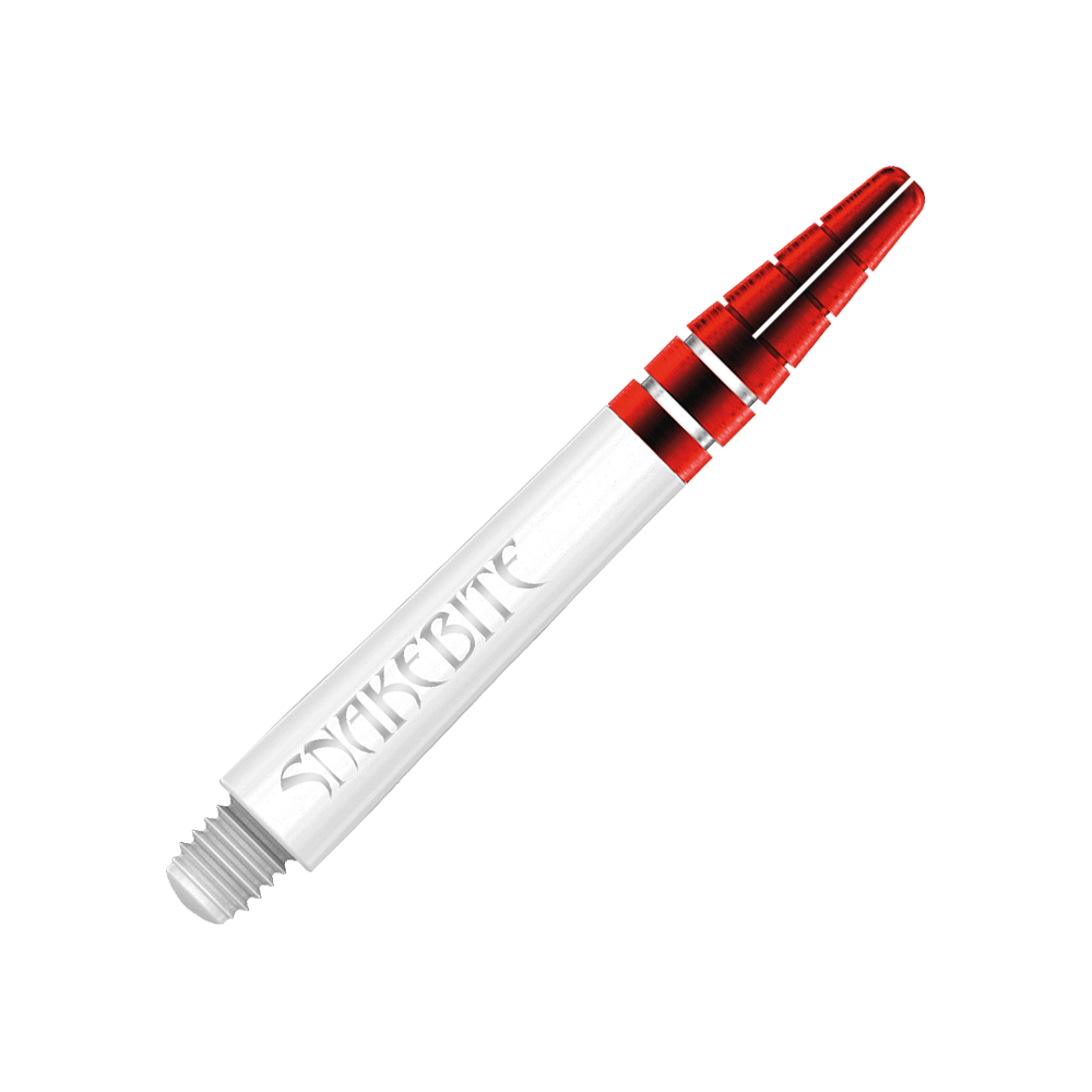 Das Bild zeigt einen roten Dart-Schaft von Red Dragon mit der Aufschrift "Snakebite". Der Schaft ist teils transparent, teils rot gefärbt und misst 39 mm.