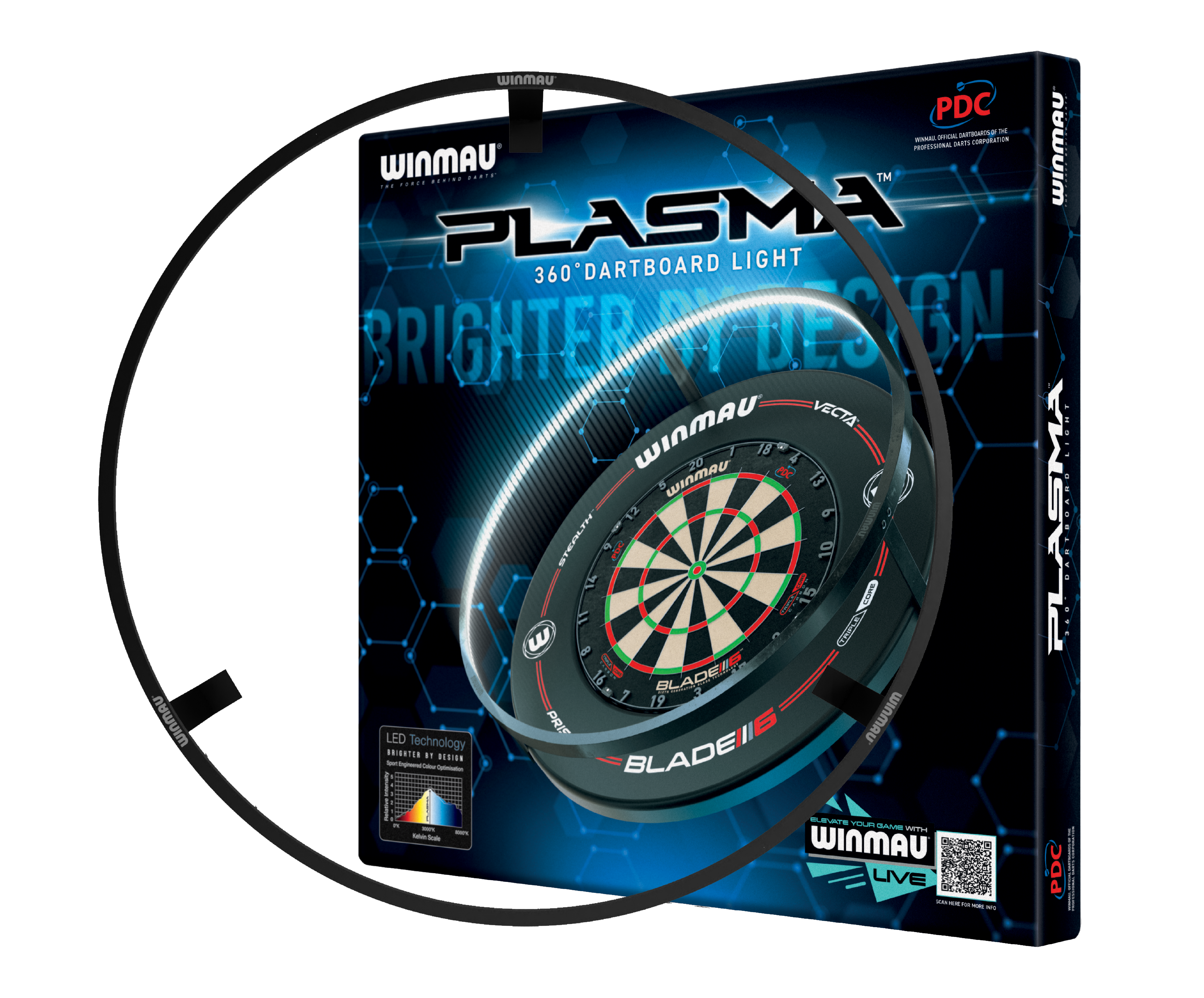 BUNDLE Winmau Plasma LED Beleuchtung und Surround Das Bild zeigt das Produkt "Winmau Plasma LED Beleuchtung und Surround Bundle" in seiner Verpackung. Es enthält eine LED-Beleuchtung für ein Dartboard sowie einen Schutzring.