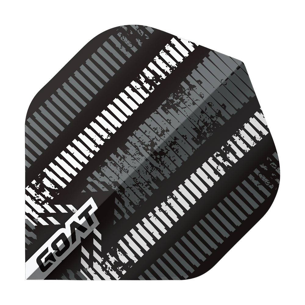 Das Bild zeigt das Produkt "GOAT Sprocket No2 Standard Flights". Die Dart-Flügel sind schwarz mit weißen, streifenförmigen Mustern und dem GOAT-Logo.
