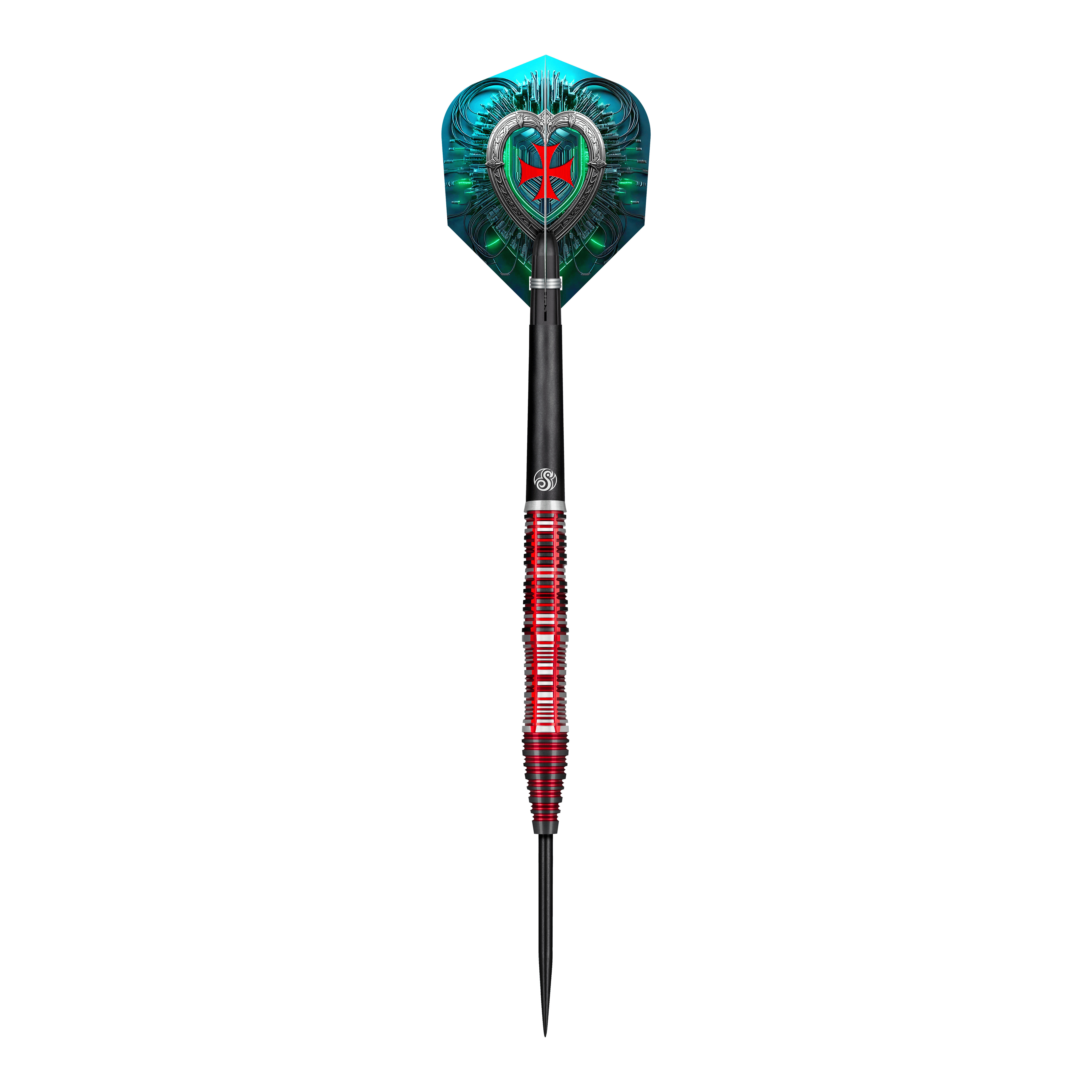 Das Bild zeigt den Shot Future Knights Dreadheart Steeldart. Der Dartpfeil hat ein auffälliges Design mit roten und schwarzen Akzenten sowie einer dekorativen Flightscheibe.