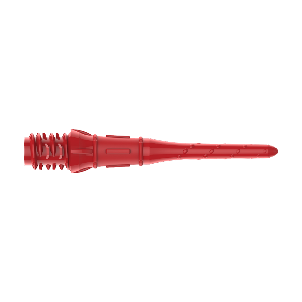 Das Bild zeigt eine rote Dartspitze aus Kunststoff. Sie hat ein spezielles Design mit Rillen und einer verstärkten Basis.