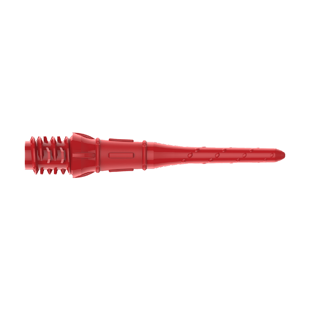 Premium Lippoints (30er Pack) - Spitzen Das Bild zeigt eine rote Dartspitze aus Kunststoff. Sie hat ein spezielles Design mit Rillen und einer verstärkten Basis.