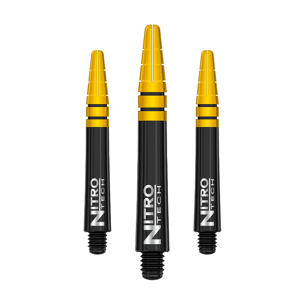 Das Bild zeigt drei schwarze und goldene Dartschäfte der Marke "Red Dragon Nitrotech". Auf jedem Schaft steht der Schriftzug "NITRO TECH" in weißer Farbe.