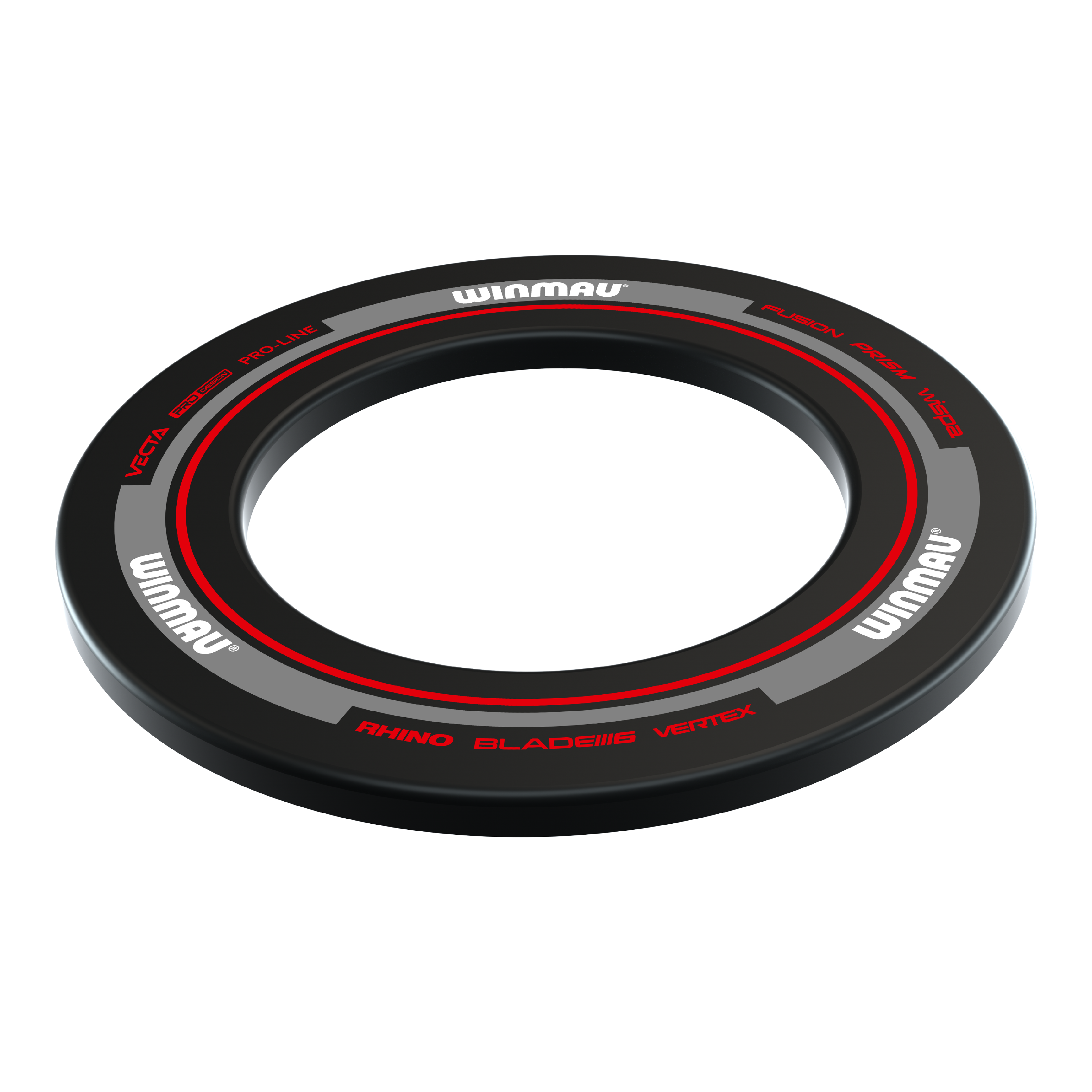 Winmau Advance Dartboard Surround - Schwarz Rot Dieses Bild zeigt das Winmau Advance Dartboard Surround in Schwarz-Rot. Der runde Schutzring hat ein modernes Design mit roten und grauen Akzenten sowie dem Winmau-Logo.
