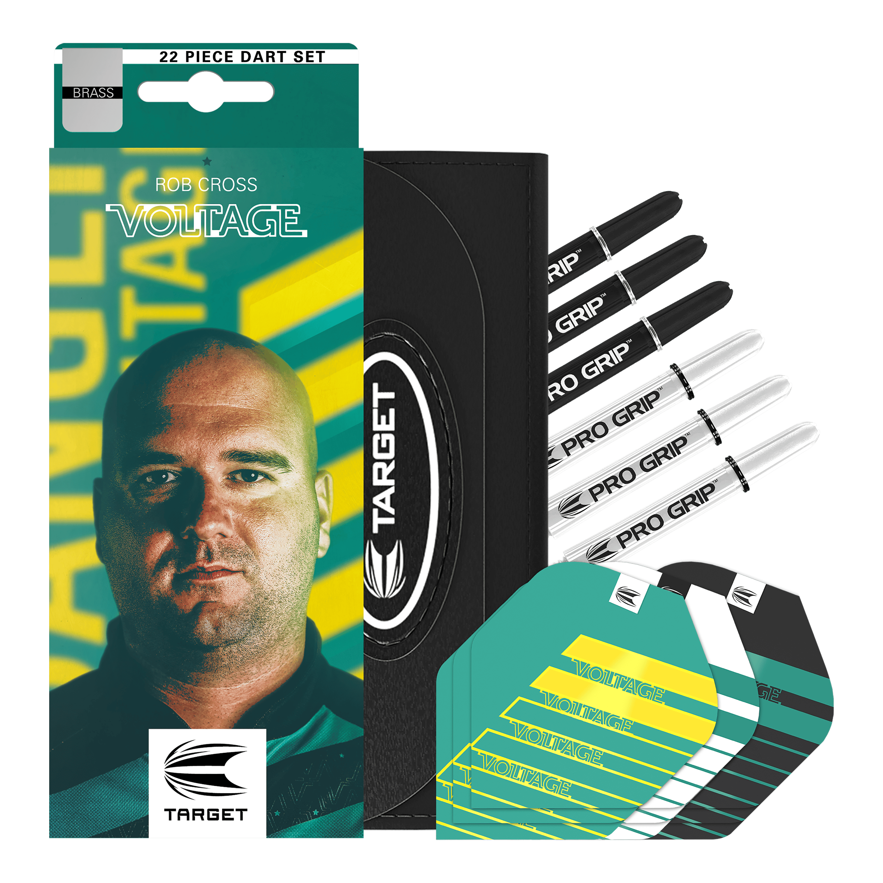 Target Rob Cross Brass Softdarts - 18g Das Bild zeigt das Produkt „Target Rob Cross Brass Softdarts - 18g“ in einer auffälligen Verpackung mit dem Bild eines Mannes und dem Schriftzug „VOLTAGE“. Neben der Verpackung sind verschiedene Dartteile wie Shafts, Flights und ein Etui zu sehen.