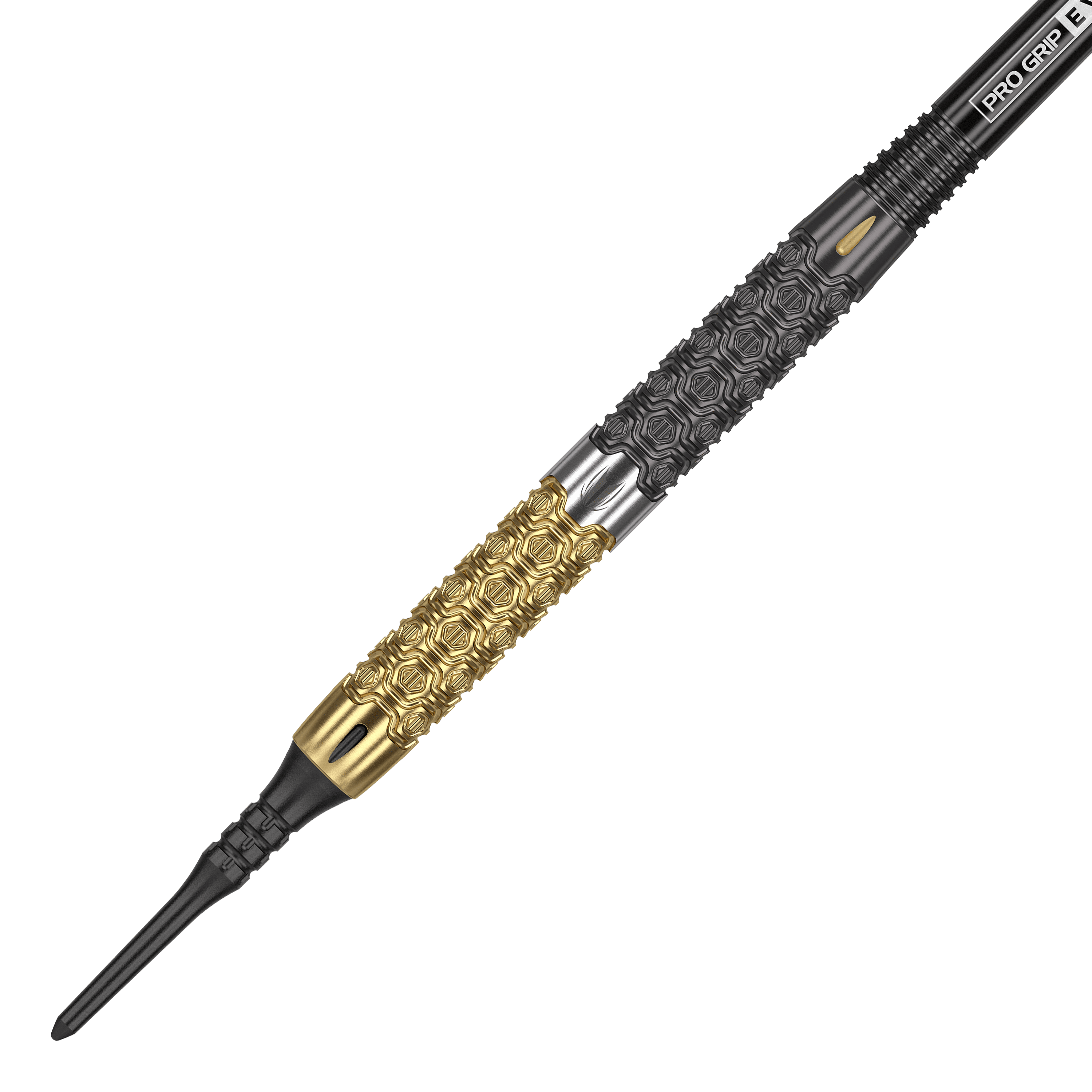Das Bild zeigt einen Softdart namens "Target Cult Envy 10". Der Dart hat ein auffälliges Design mit goldenen und schwarzen Mustern auf dem Griff.