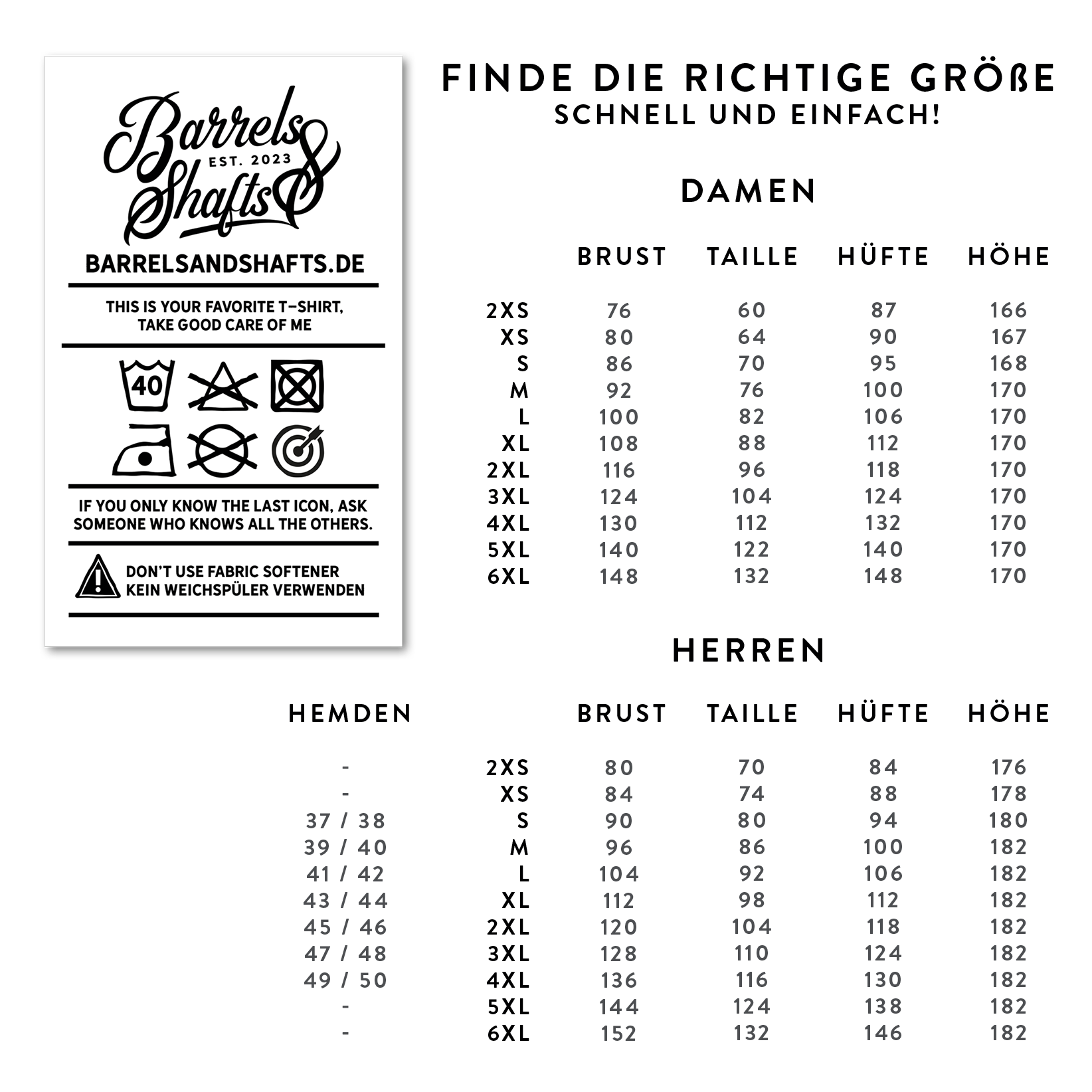 Barrels and Shafts T-Shirt - Schwarz Das Bild zeigt eine Größentabelle für das "Barrels and Shafts T-Shirt - Schwarz" für Damen und Herren. Auf der linken Seite sind außerdem Pflegehinweise für das T-Shirt abgebildet.