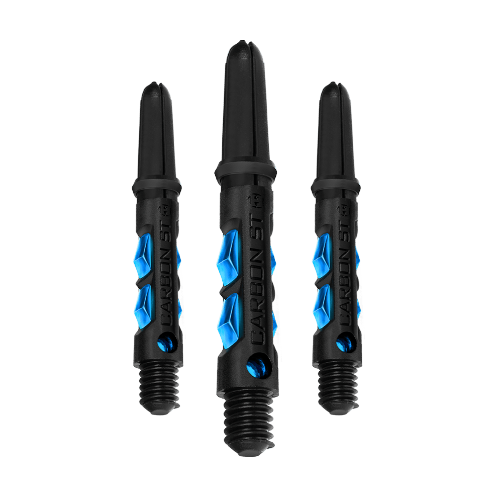 HR410_Harrows_Carbon_ST_Shafts_Aqua_33mm_1 Auf dem Bild sind drei Harrows Carbon ST Shafts in der Farbe Aqua zu sehen. Die Dartschäfte sind überwiegend schwarz mit blauen Akzenten gestaltet.