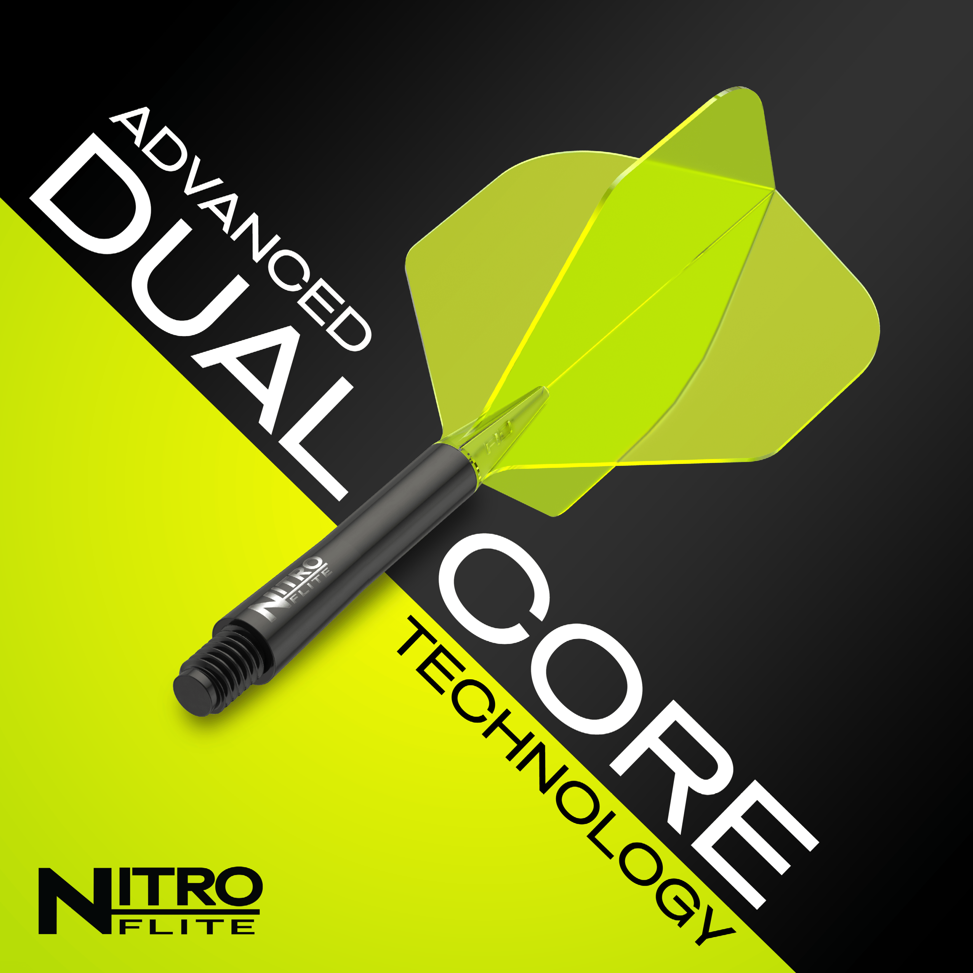 Das Bild zeigt das Produkt "Red Dragon Nitroflite" mit schwarzem Schaft und gelben Flights. Auf dem Bild steht "Advanced Dual Core Technology" und "Nitroflite" als Markenname.