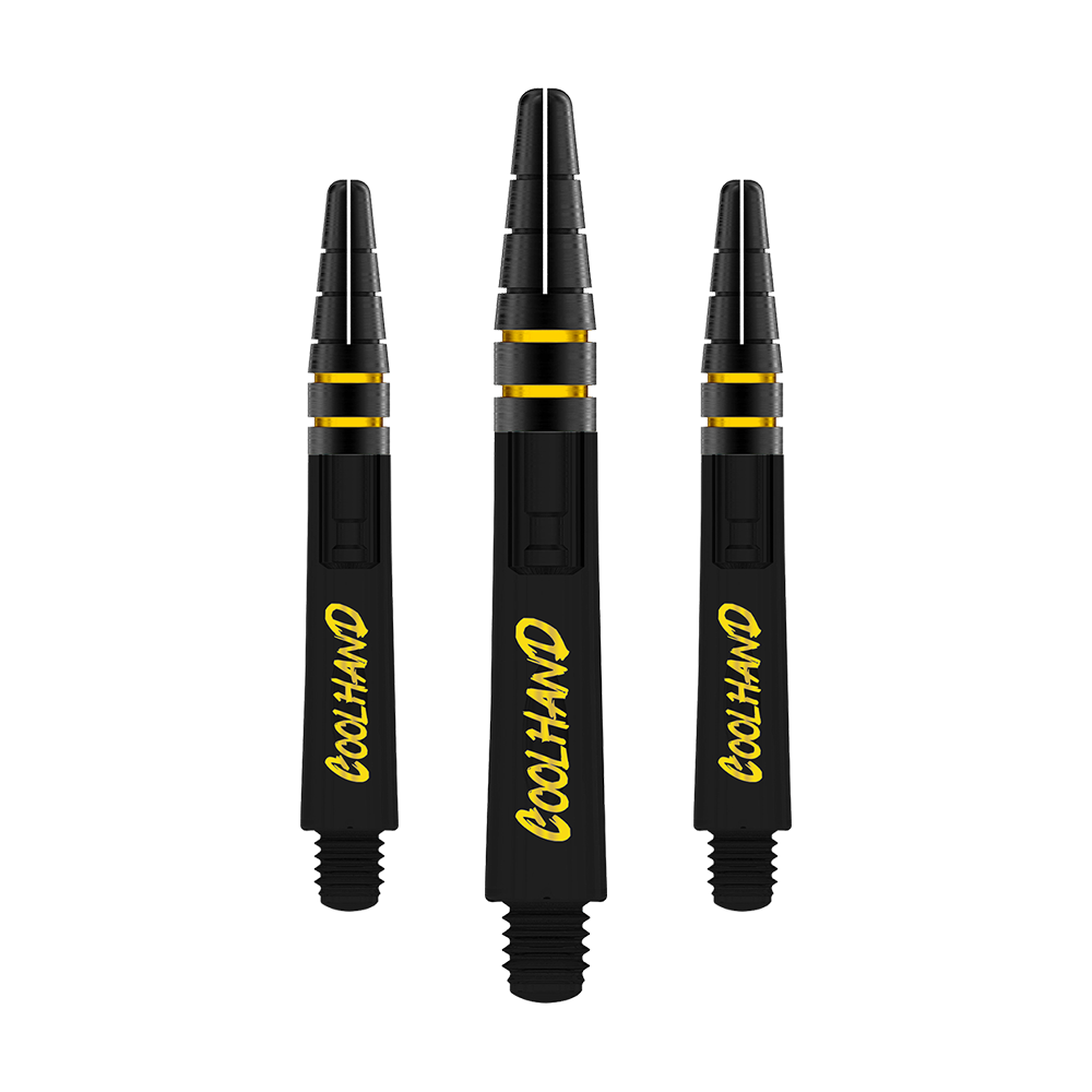Red Dragon Nitrotech Luke Humphries Coolhand Shafts - Schwarz Auf dem Bild sind drei schwarze Dartschäfte mit gelber Aufschrift "COOLHAND" zu sehen. Die Schäfte haben goldene Akzente und sind 36 mm lang.