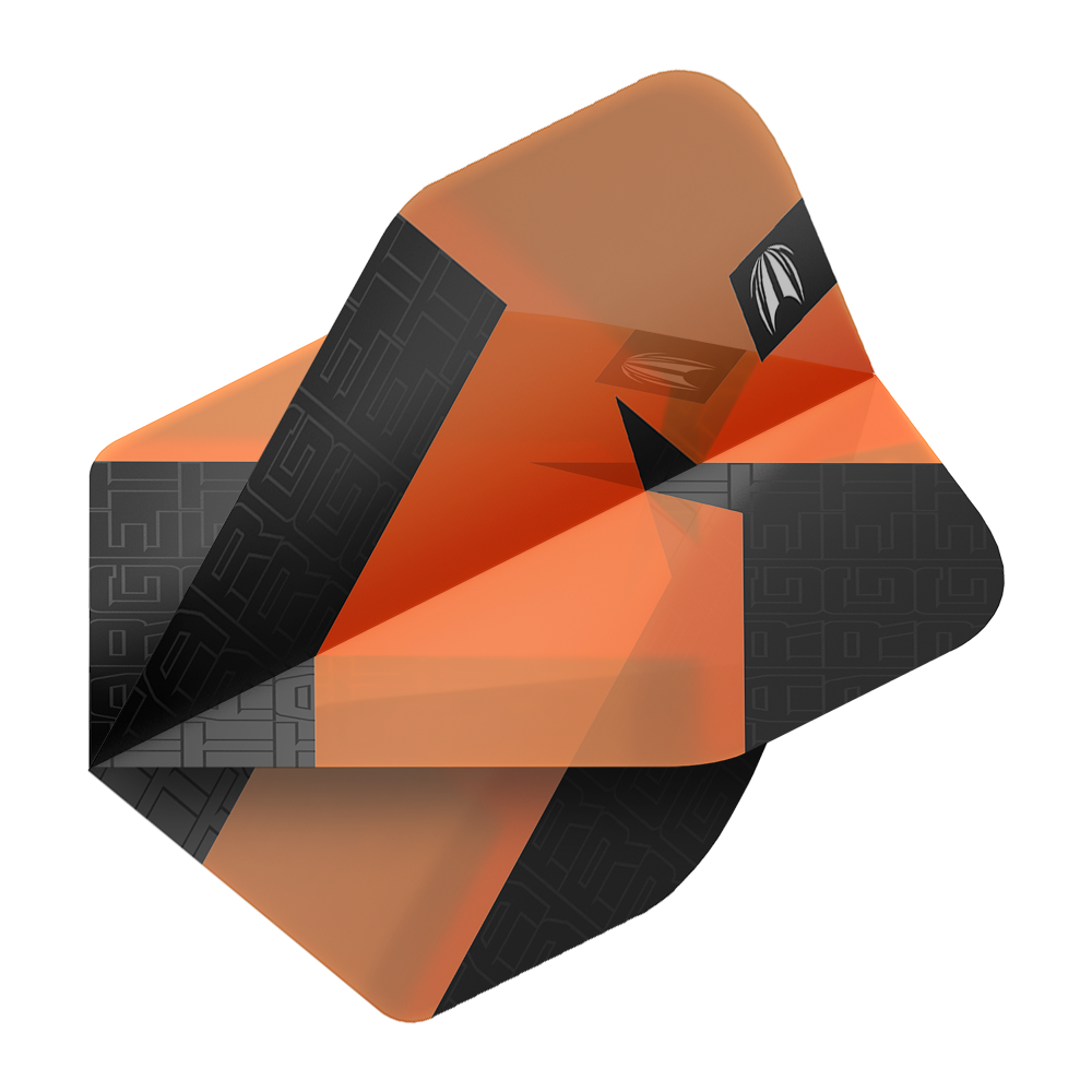 Das Bild zeigt orangefarbene und schwarze Dart-Flights mit einem modernen Design. Es handelt sich um das Produkt "Target Pro Ultra TAG Orange No2 Standard Flights - 3 Sets".