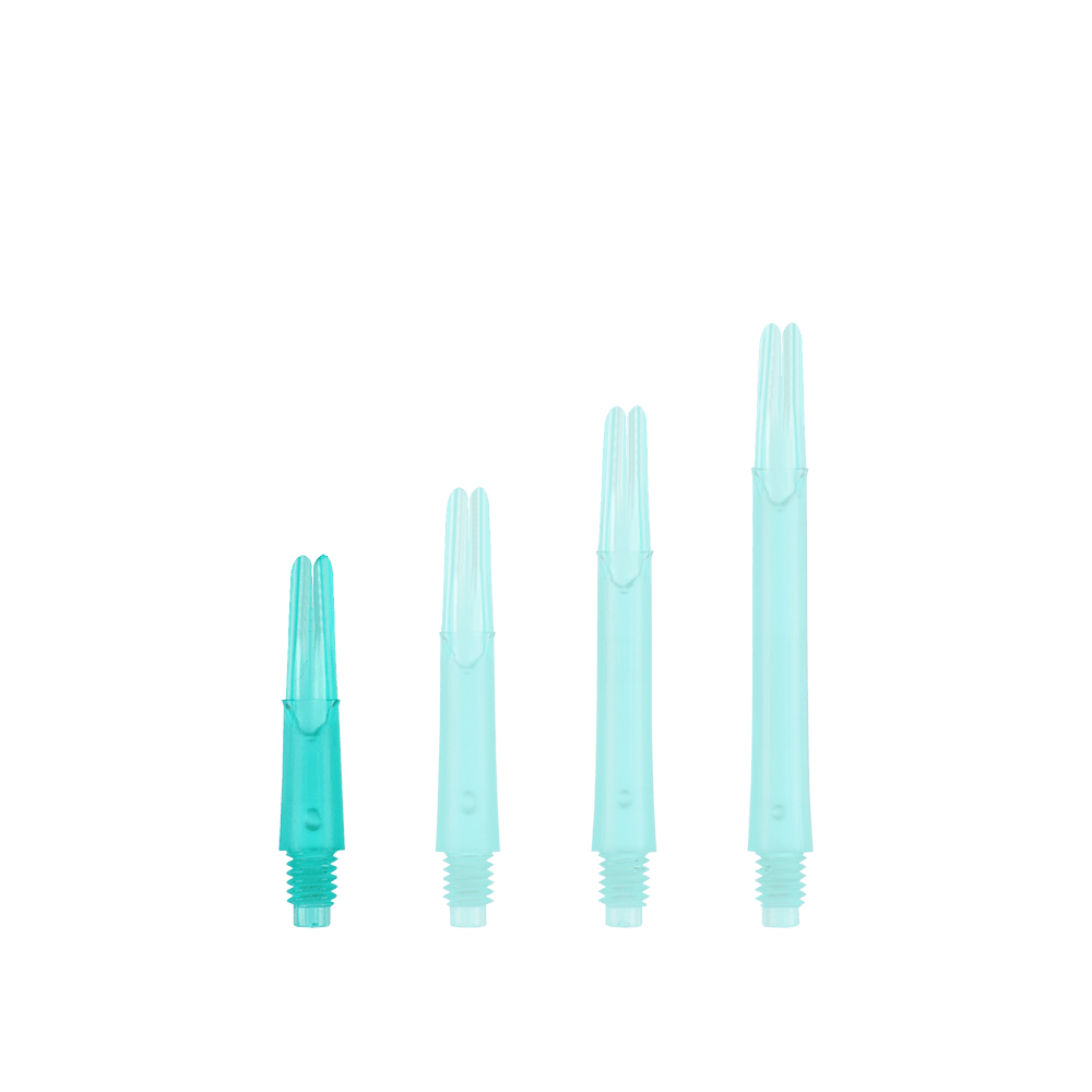 L-Style L-Shafts Locked Straight - Emerald 130 Auf dem Bild sind vier grüne, durchsichtige Kunststoffteile in unterschiedlichen Längen zu sehen. Sie stehen nebeneinander und haben am unteren Ende ein Schraubgewinde.