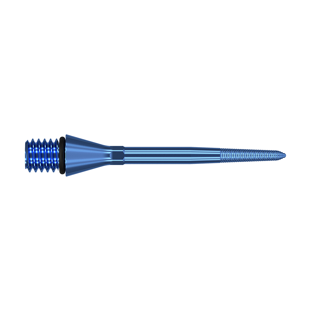 Das Bild zeigt eine blaue, metallische Dartspitze mit Schraubgewinde. Die Spitze ist lang, schlank und hat ein feines Gewinde an der Spitze zum Einsetzen in einen Dartpfeil.