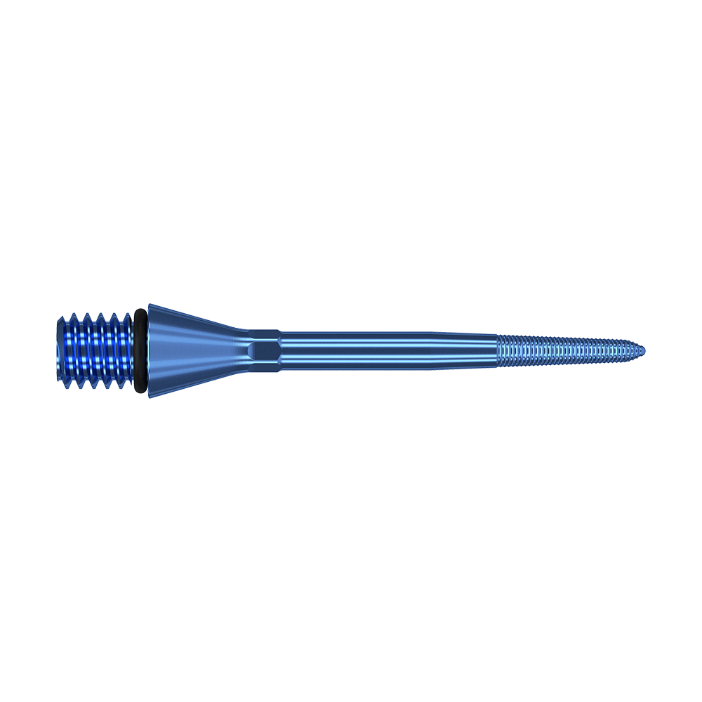 380165_Target_Titanium_Swiss_Point_Nano_Conversion_Points_Blau_30mm_2 Das Bild zeigt eine blaue, metallische Dartspitze mit Schraubgewinde. Die Spitze ist lang, schlank und hat ein feines Gewinde an der Spitze zum Einsetzen in einen Dartpfeil.