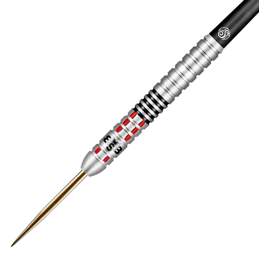 Shot Michael Smith Achieve Steeldarts Auf dem Bild ist ein Steeldart mit silbernem Barrel, roten Akzenten und schwarzem Griffbereich zu sehen. Es handelt sich um das Produkt "Shot Michael Smith Achieve Steeldarts".