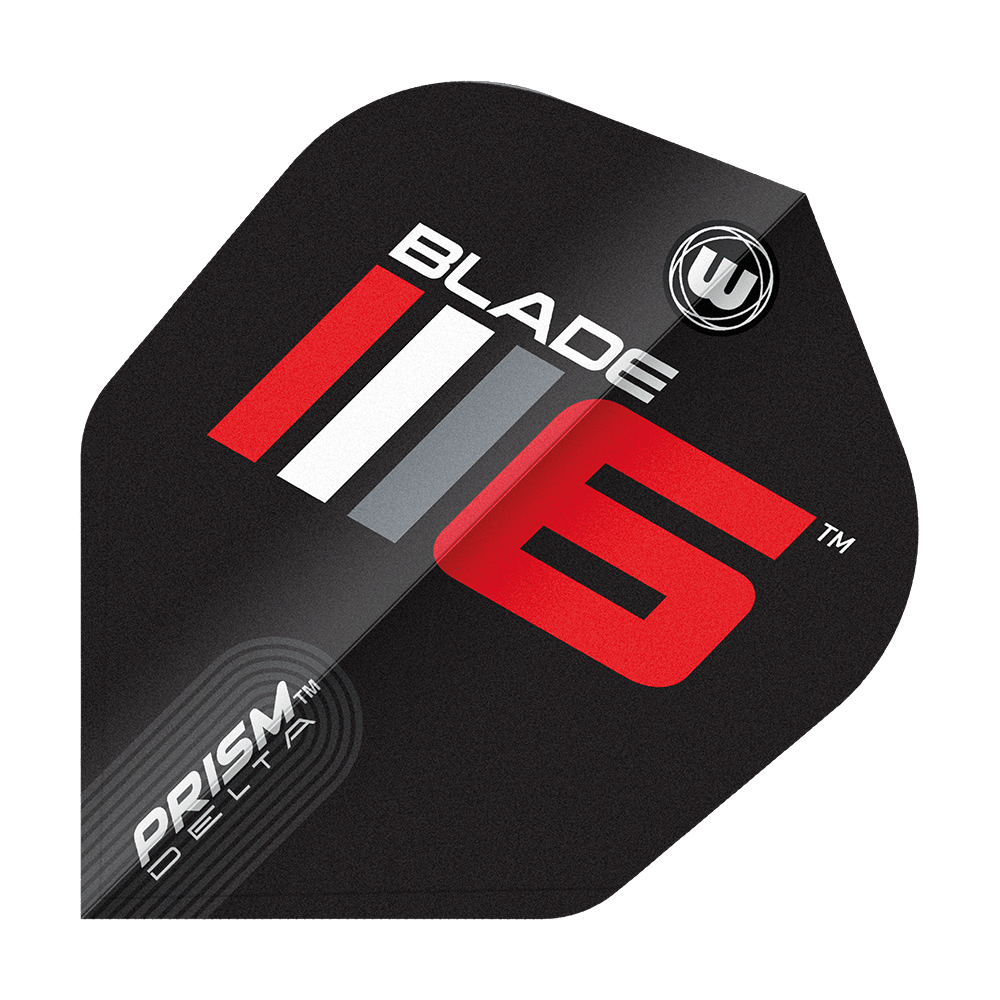 Das Bild zeigt ein Dartflight mit dem Aufdruck "Blade 6" in auffälligen Farben. Unten links steht "Prism Delta" und das Design ist modern und sportlich.