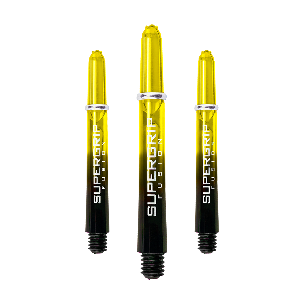 Das Bild zeigt drei gelb-schwarze Dartschäfte mit der Aufschrift "Supergrip Fusion". Die Schäfte sind das Produkt "Harrows Supergrip Fusion Shafts - Gelb".