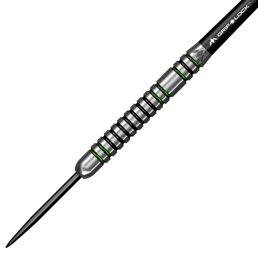 Das Bild zeigt einen Mission Martin Lukeman Smash Steeldart mit einem Gewicht von 23 Gramm. Der Dartpfeil besitzt ein silbernes Design mit schwarzen und grünen Akzenten.