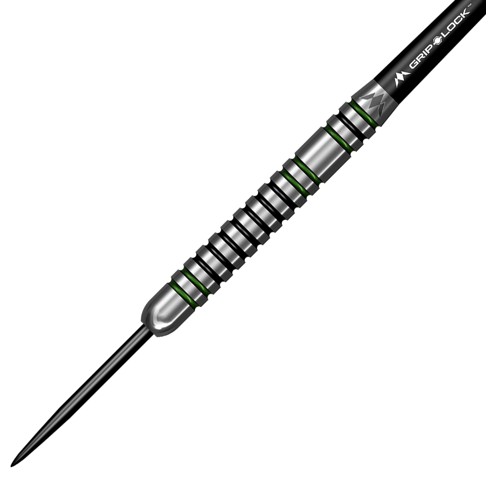 M001006_Mission_Martin_Lukeman_Smash_Steeldarts_2 Das Bild zeigt einen Mission Martin Lukeman Smash Steeldart mit einem Gewicht von 23 Gramm. Der Dartpfeil besitzt ein silbernes Design mit schwarzen und grünen Akzenten.