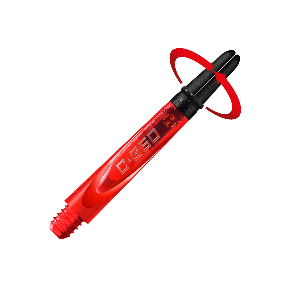 Das Bild zeigt einen roten Harrows Carbon 360 Dart-Schaft mit schwarzer Spitze. Auf dem Schaft steht die Aufschrift „C:360“.