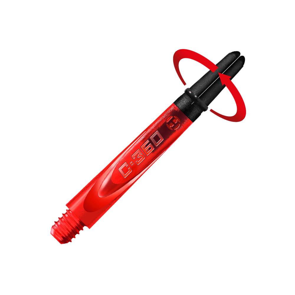 HR456_Harrows_Carbon_360_Shafts_Rot_42mm_2_Symbol Das Bild zeigt einen roten Harrows Carbon 360 Dart-Schaft mit schwarzer Spitze. Auf dem Schaft steht die Aufschrift „C:360“.