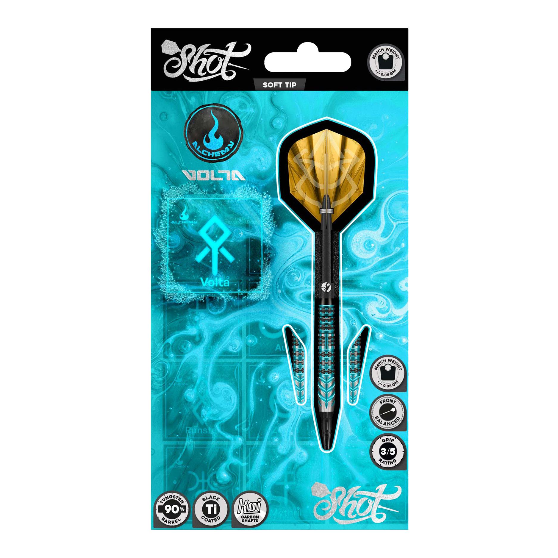 Abgebildet sind die Shot Alchemy Volta Softdarts - 20g aus einer detaillierten Ansicht. Diese Softdarts eignen sich gut für das Dartspiel.