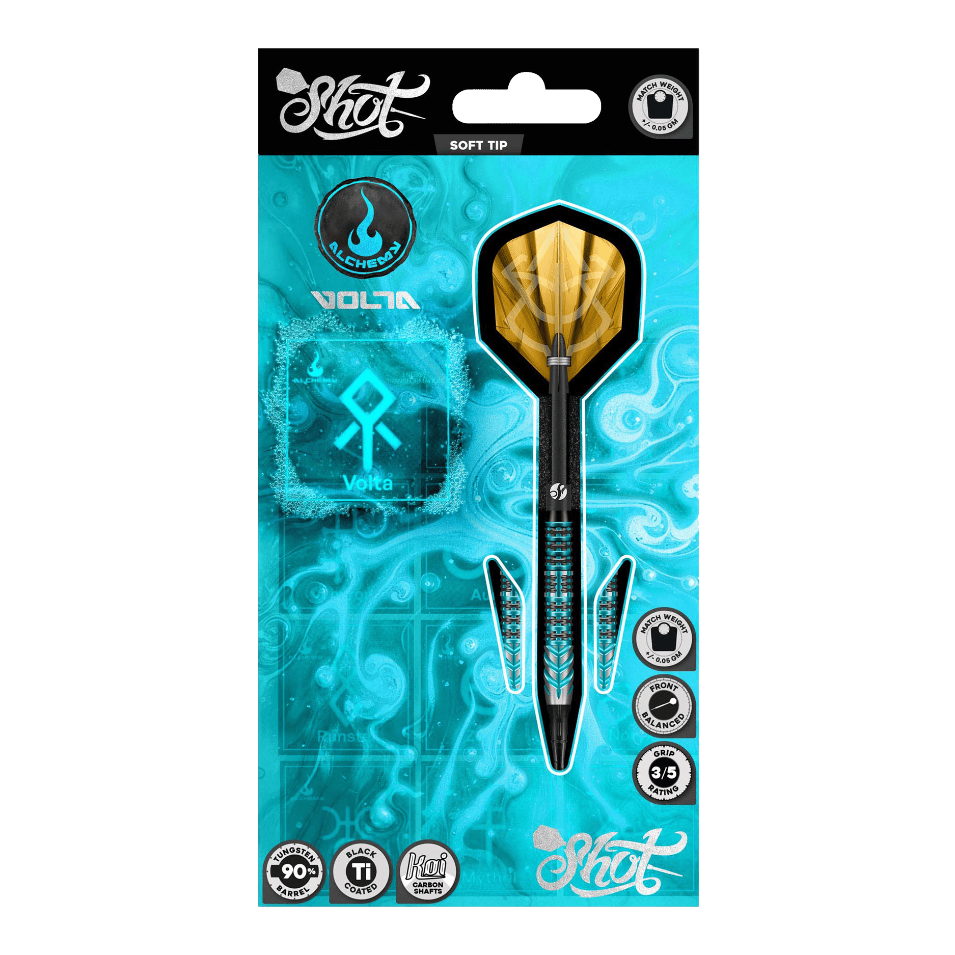 Shot Alchemy Volta Softdarts - 20g Abgebildet sind die Shot Alchemy Volta Softdarts - 20g aus einer detaillierten Ansicht. Diese Softdarts eignen sich gut für das Dartspiel.