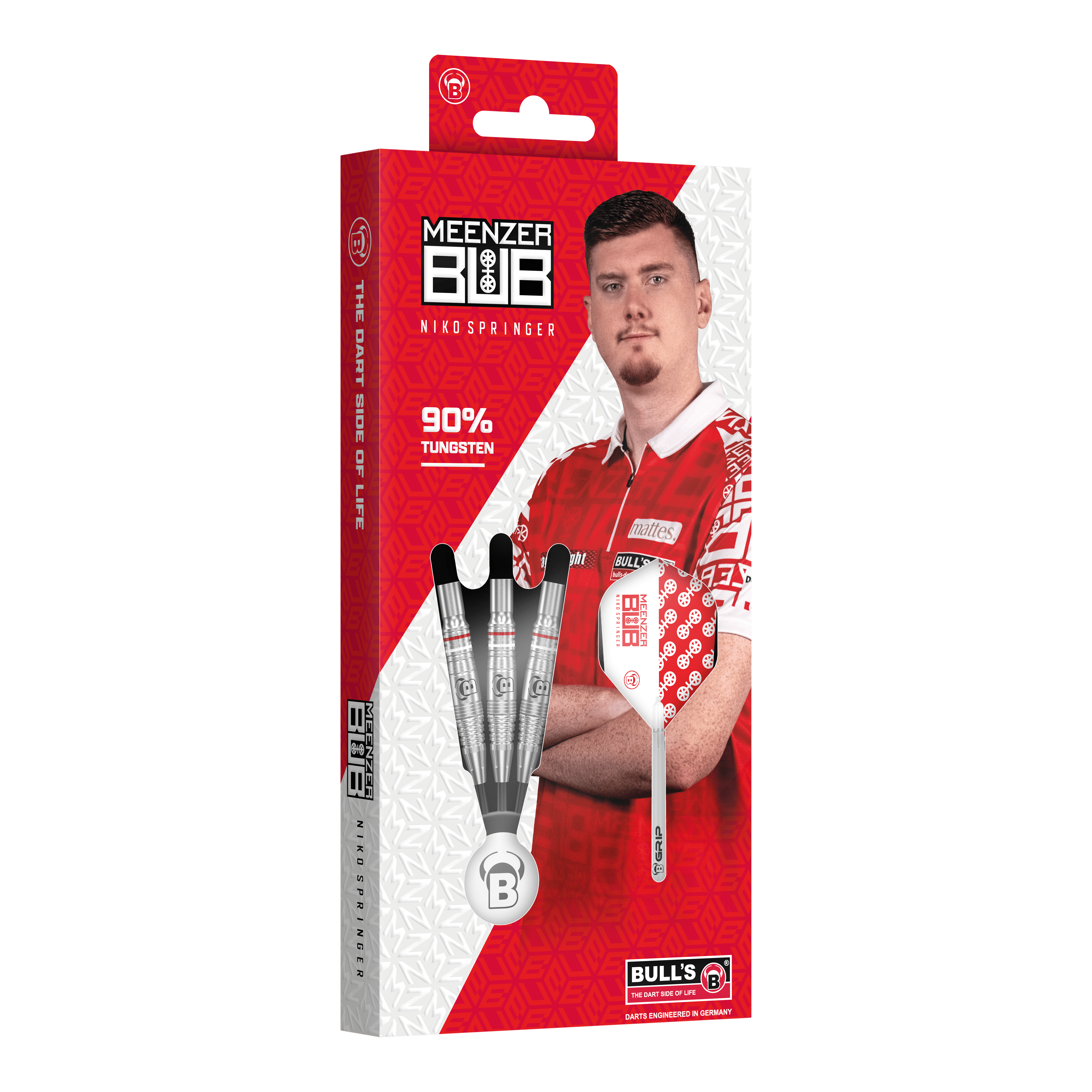 Bulls Niko Springer Steeldarts Die Verpackung zeigt die Bulls Niko Springer Steeldarts mit 90% Tungsten. Auf der Vorderseite ist ein Bild von Niko Springer in rotem Trikot zu sehen.