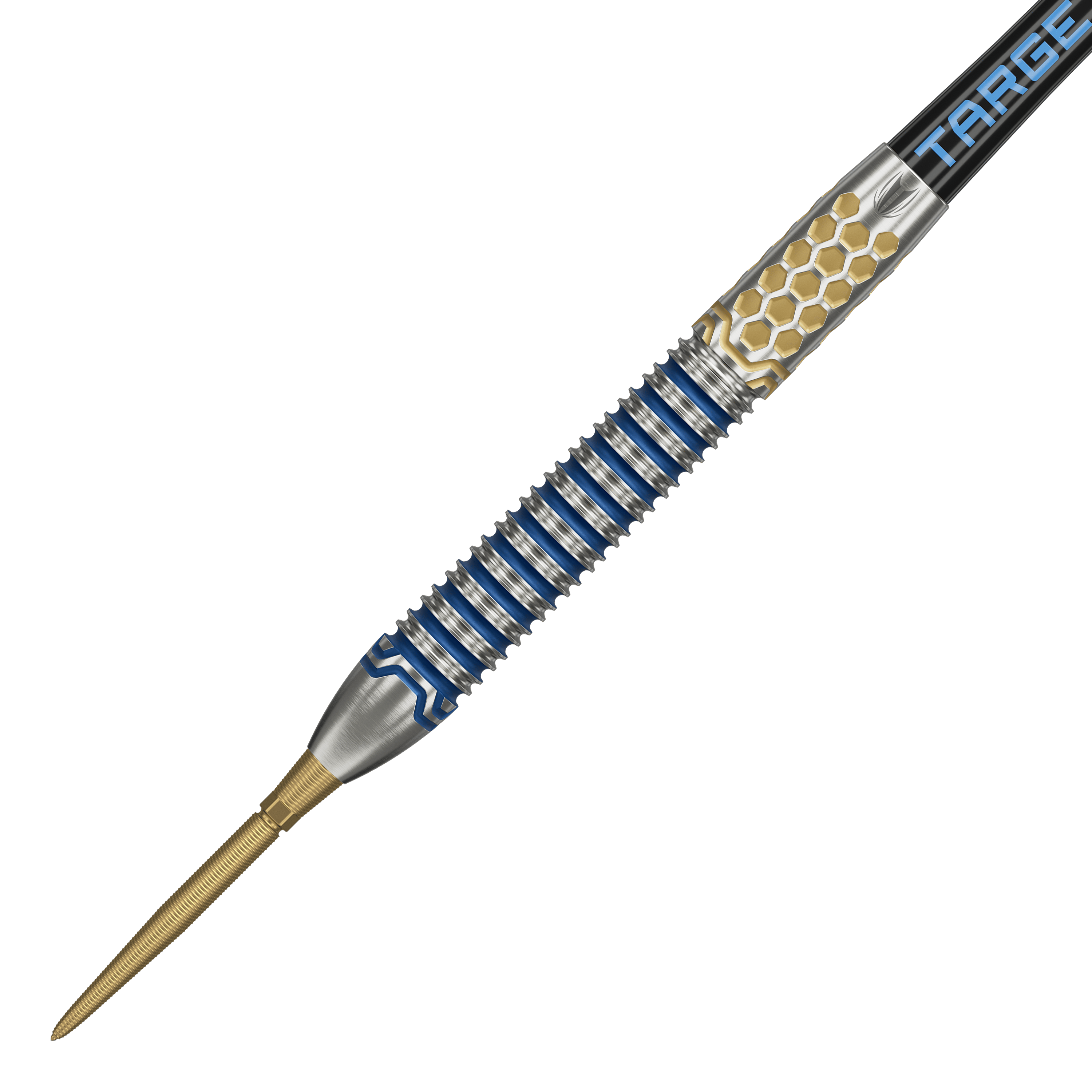 Target Josh Rock GEN1 Swiss Point Steeldarts Das Bild zeigt einen Target Josh Rock GEN1 Swiss Point Steeldart. Der Dartpfeil hat ein silbernes und blaues Design mit goldenen Akzenten und auffälliger Griffstruktur.