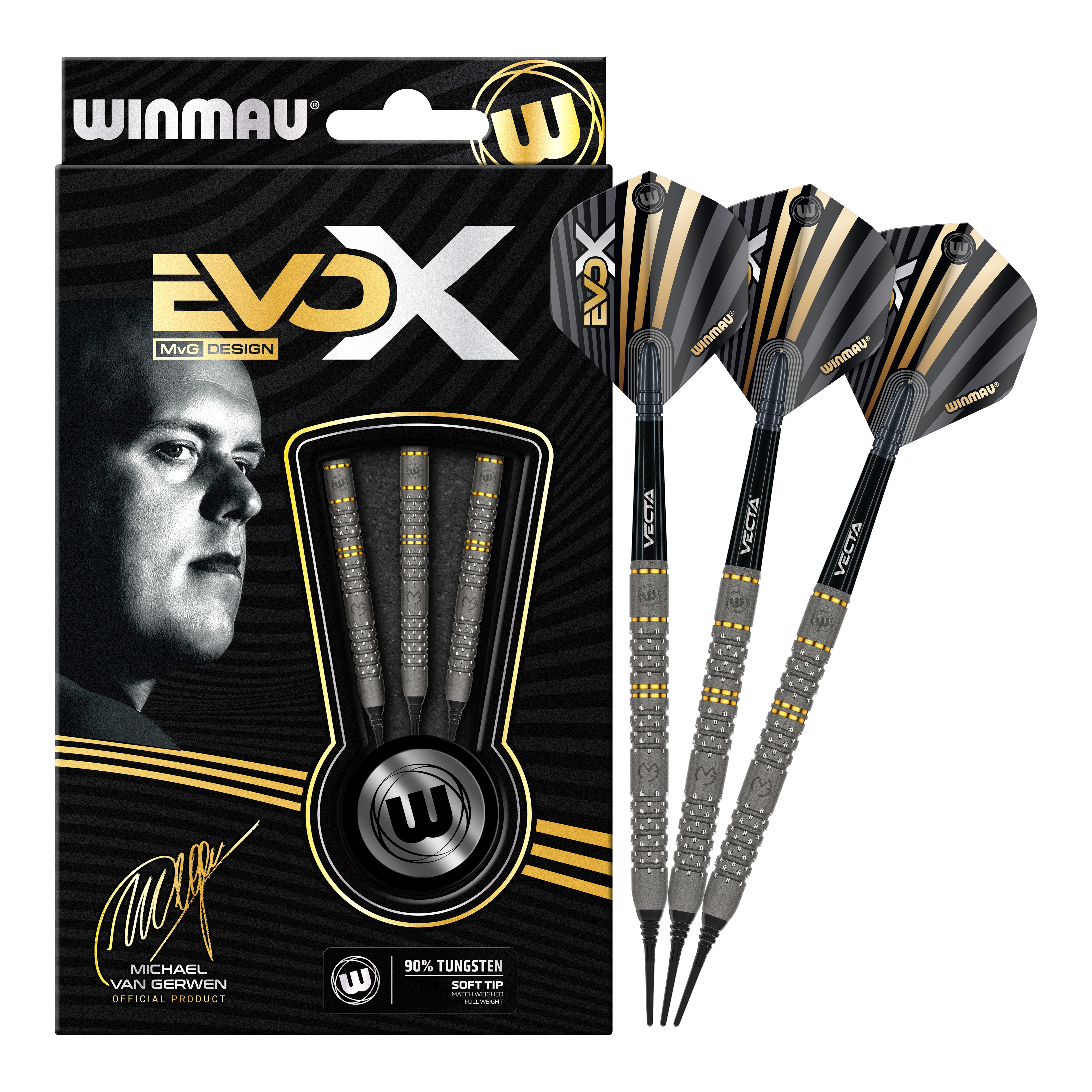 Winmau Michael Van Gerwen Evo-X Softdarts - 20g Das Bild zeigt das Produkt "Winmau Michael Van Gerwen Evo-X Softdarts - 20g" in seiner Verpackung. Neben der Verpackung sind drei zusammengebaute Softdarts mit schwarz-goldenem Design zu sehen.