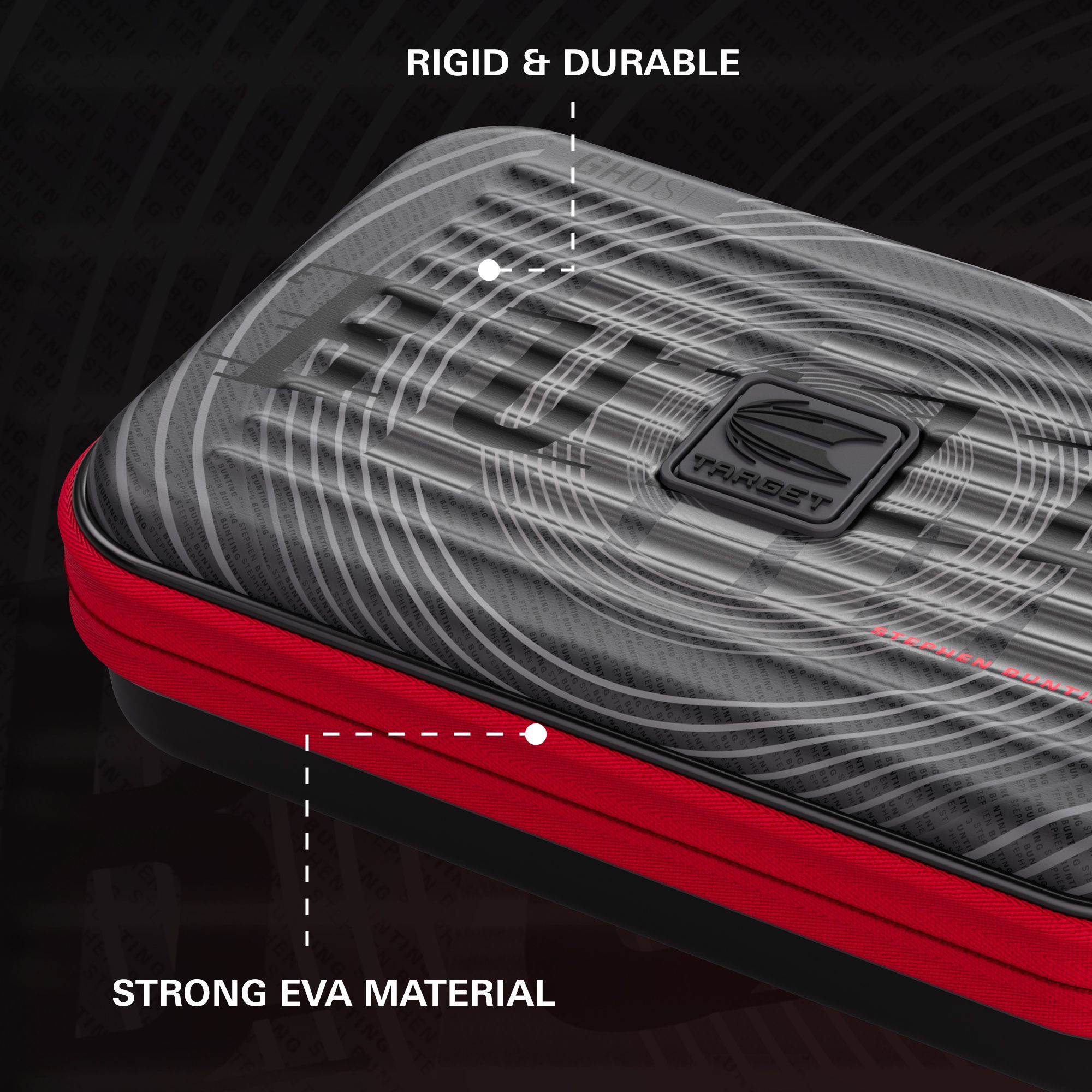 Takoma XL Ghost Series Stephen Bunting Dartcase Das Foto zeigt das Takoma XL Ghost Series Stephen Bunting Dartcase. Es handelt sich um eine praktische und stabile Darttasche für Fans von Stephen Bunting.