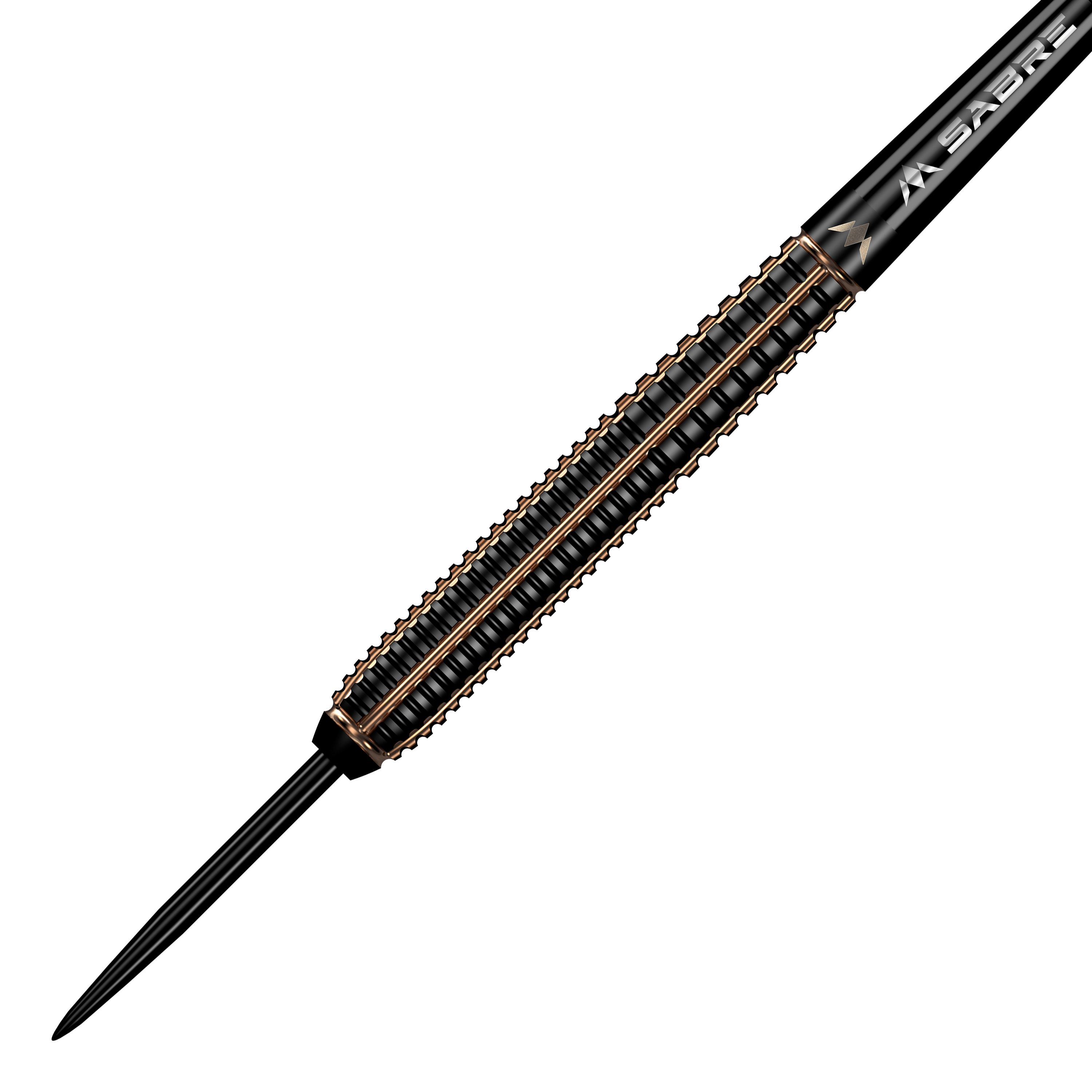 Das Bild zeigt einen Mission Scorpion Steeldart mit schwarzem und goldenem Design. Der Dart hat eine gerillte Oberfläche und eine scharfe Stahlspitze.