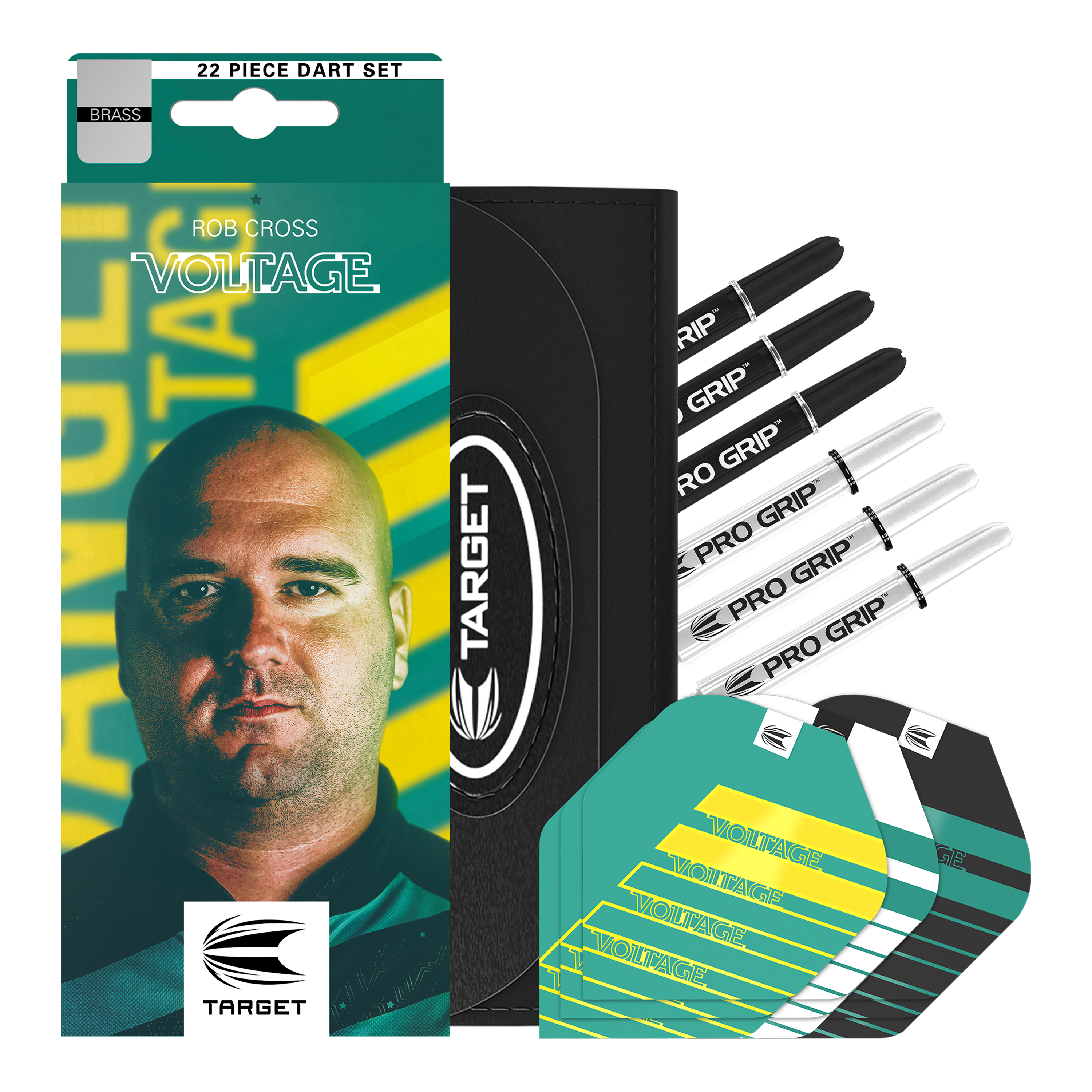 Target Rob Cross Brass Steeldarts - 22g Auf dem Bild ist das Produkt "Target Rob Cross Brass Steeldarts - 22g" zu sehen. Die Verpackung zeigt das Gesicht von Rob Cross sowie mehrere Zubehörteile wie Flights und Shafts.
