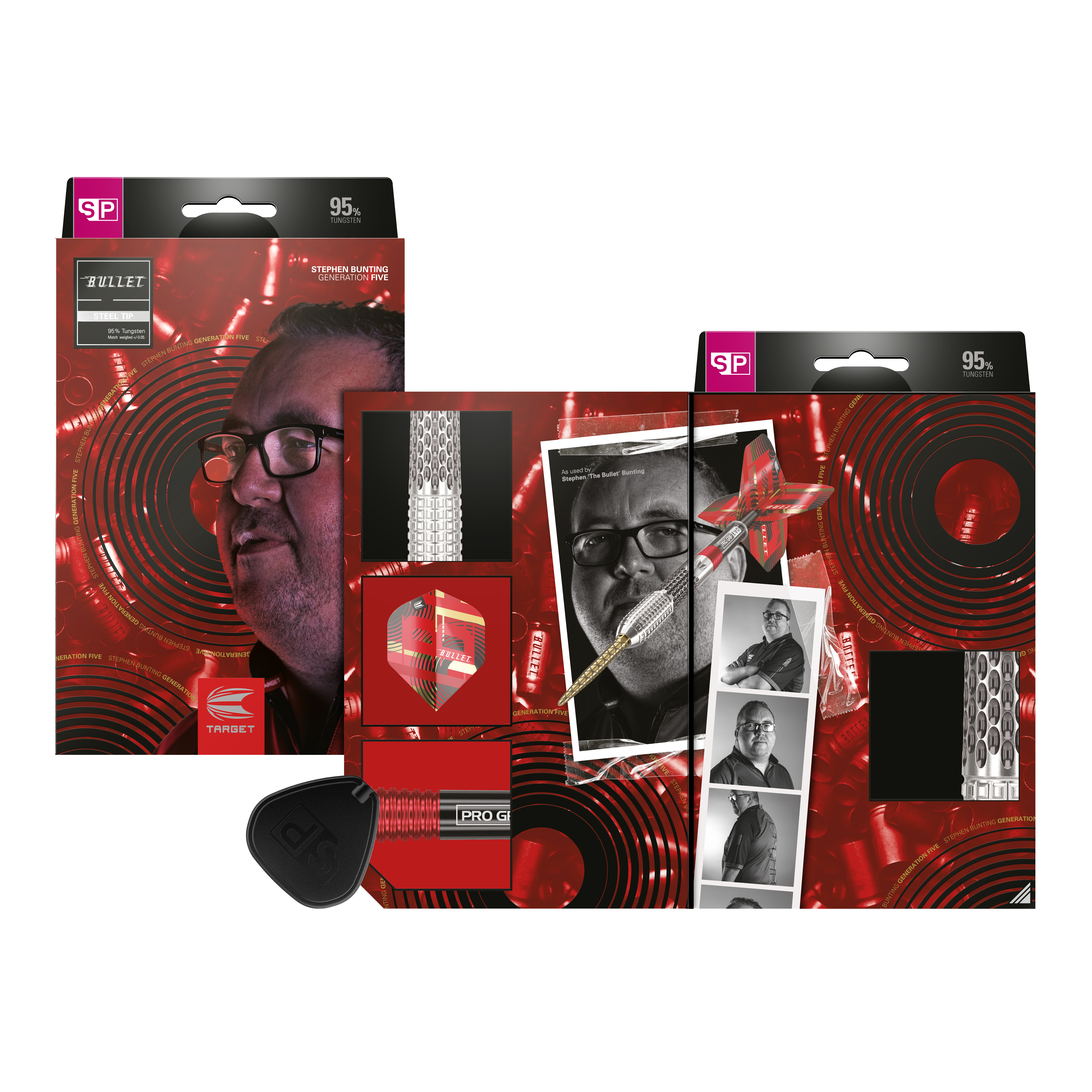 Target Stephen Bunting GEN5 Swiss Point Steeldarts Die Abbildung zeigt die Verpackung und den Inhalt der Target Stephen Bunting GEN5 Swiss Point Steeldarts. Auf der Verpackung ist ein Porträt von Stephen Bunting sowie mehrere Produktbilder und Details der Darts zu sehen.