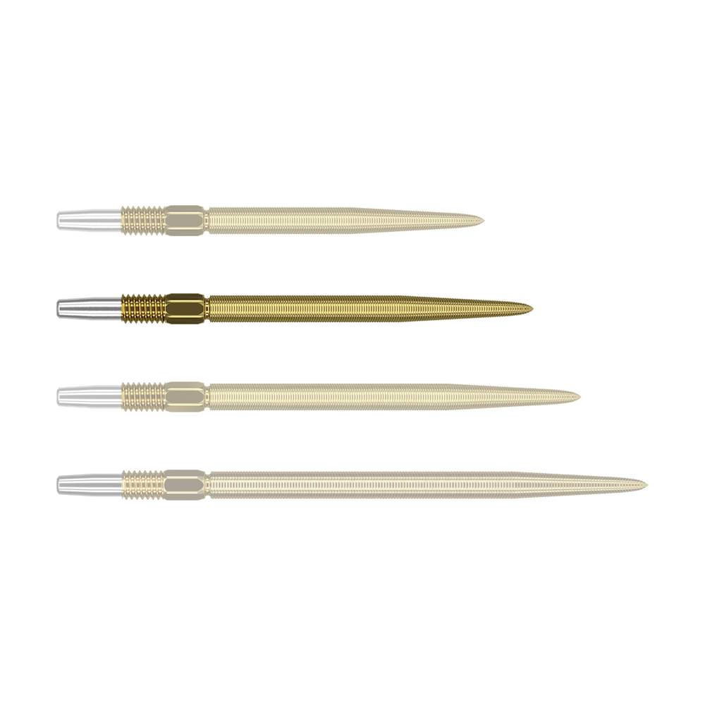 Target Swiss Point Nano Dartspitzen - Gold Das Bild zeigt vier goldene Dartspitzen mit silbernem Befestigungsende, die nebeneinander liegen. Die Spitzen sind gleich lang und haben eine feine Riffelung entlang der gesamten Länge.