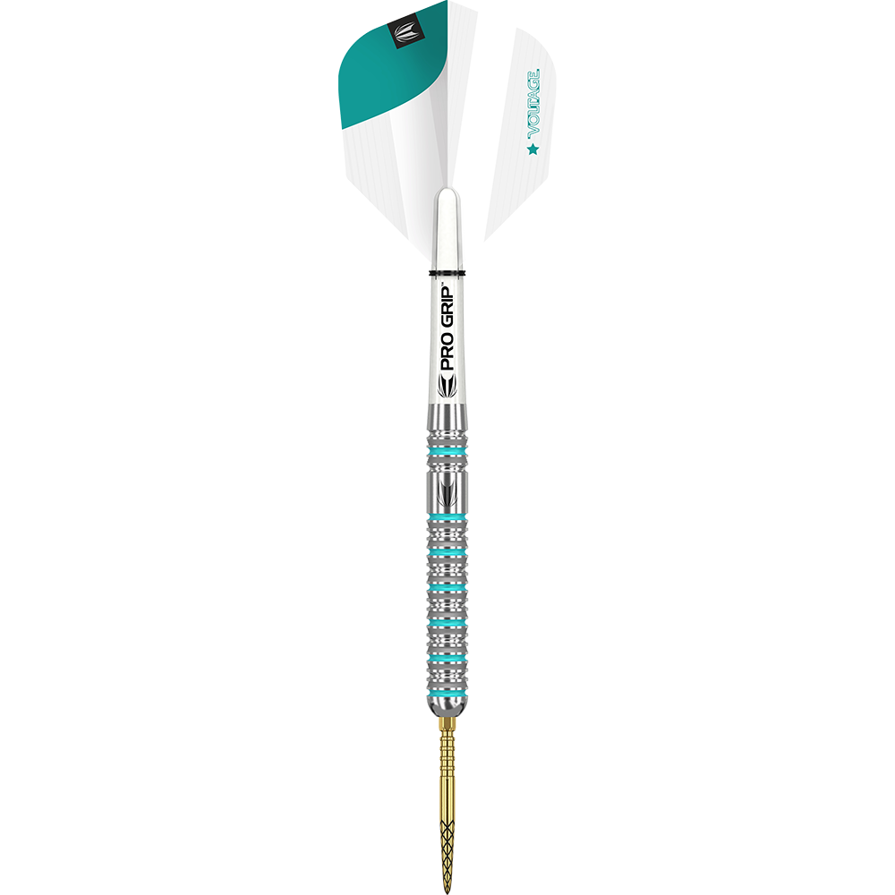 190095_Target_Rob_Cross_GEN2_Swiss_Point_Steeldarts_1pTX8iFwEyYNaG Das Bild zeigt einen Target Rob Cross GEN2 Swiss Point Steeldart. Der Dart ist silberfarben mit türkisen Akzenten und hat einen weißen Flight.
