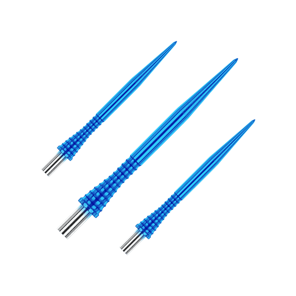 Das Bild zeigt drei blaue Steeldartspitzen des Produkts "Red Dragon Raptor Gripped" mit einer Länge von 30 mm. Die Spitzen haben ein geriffeltes Griffdesign und silberne Enden.