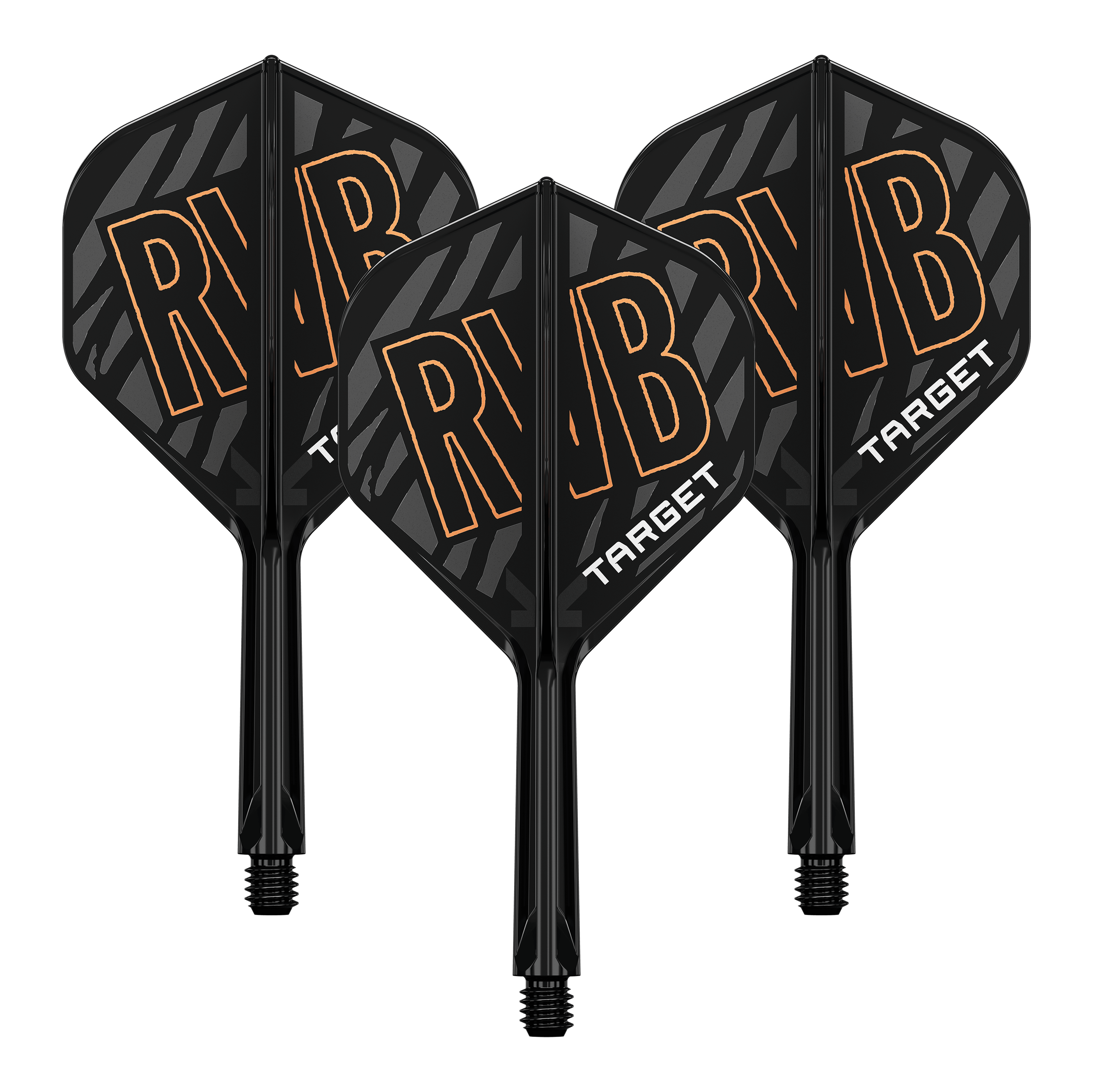 Target K-Flex Raymond Van Barneveld No2 Standard Flight-Shaft-System Auf dem Bild sind drei schwarze Dart-Flights mit der Aufschrift "RVB" und "TARGET" zu sehen. Die Flights haben ein schwarzes, gestreiftes Design mit orangefarbenen Buchstaben.